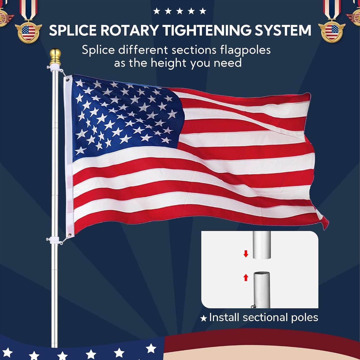 10 Ft Aluminum Outdoor Flag Pole Kit in Ground American Flag with Stake 2 Pack