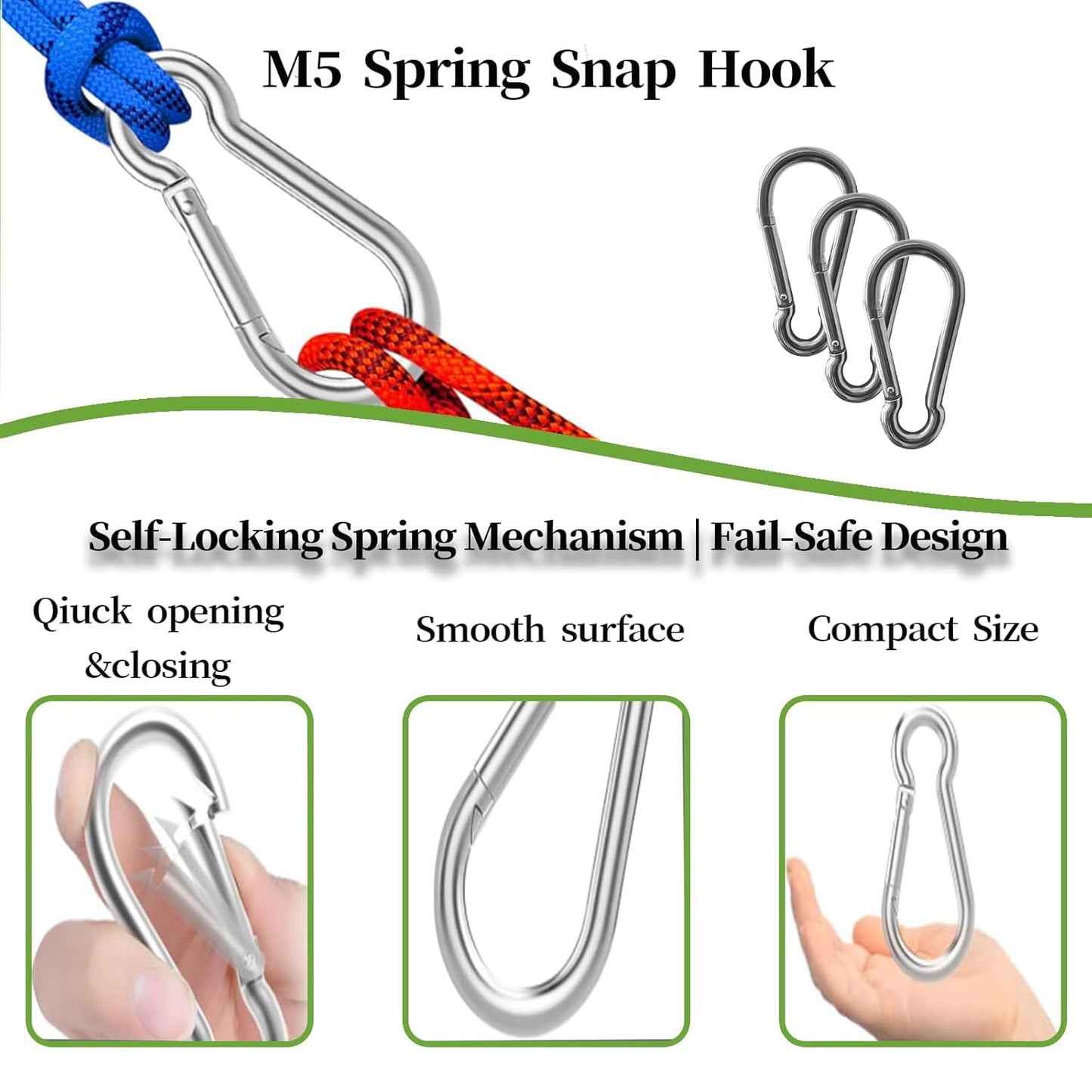 10PCS M5 Spring Snap Hook Carabiner, 220LBS Heavy Duty Carabiner Clips, Small Locking Hooks Clip for Climbing, Hammock, Outdoor, Carabiners Snap Hooks Heavy Duty, Carabiner Snap Hook Bulk