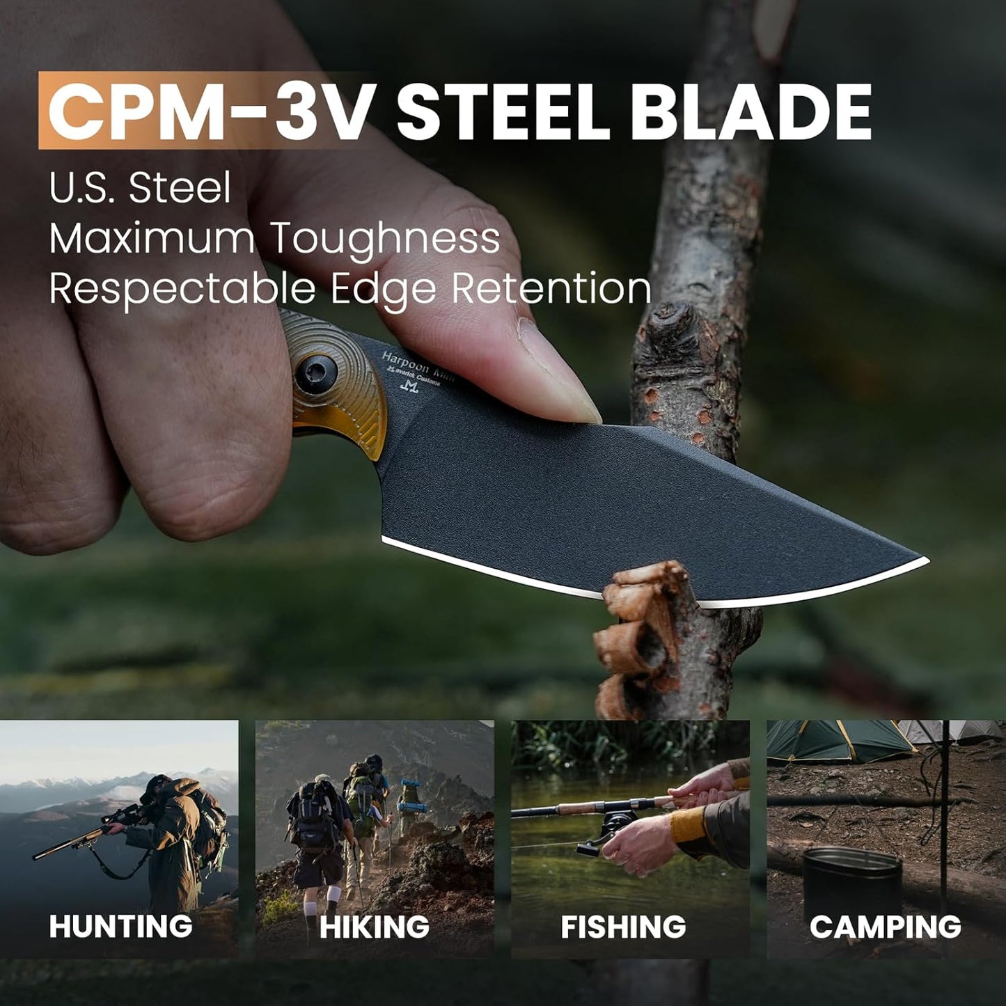 Kizer Harpoon Mini Fixed Blade Knife with Sheath, 3V Steel Blade Hunting Knife, PEI Handle Camping EDC Knives for Camping, Hiking, Survival 1040S5