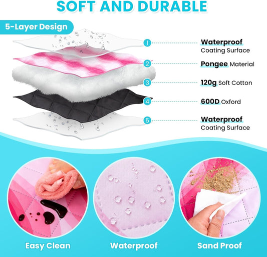 #WEJOY 3 in 1 Outdoor Picnic Blanket, Padded 5 Layers Beach Blanket, 80x60'', 4 Person, Easy to Fold, Waterproof for Lawn,Camping, Park (Pink)