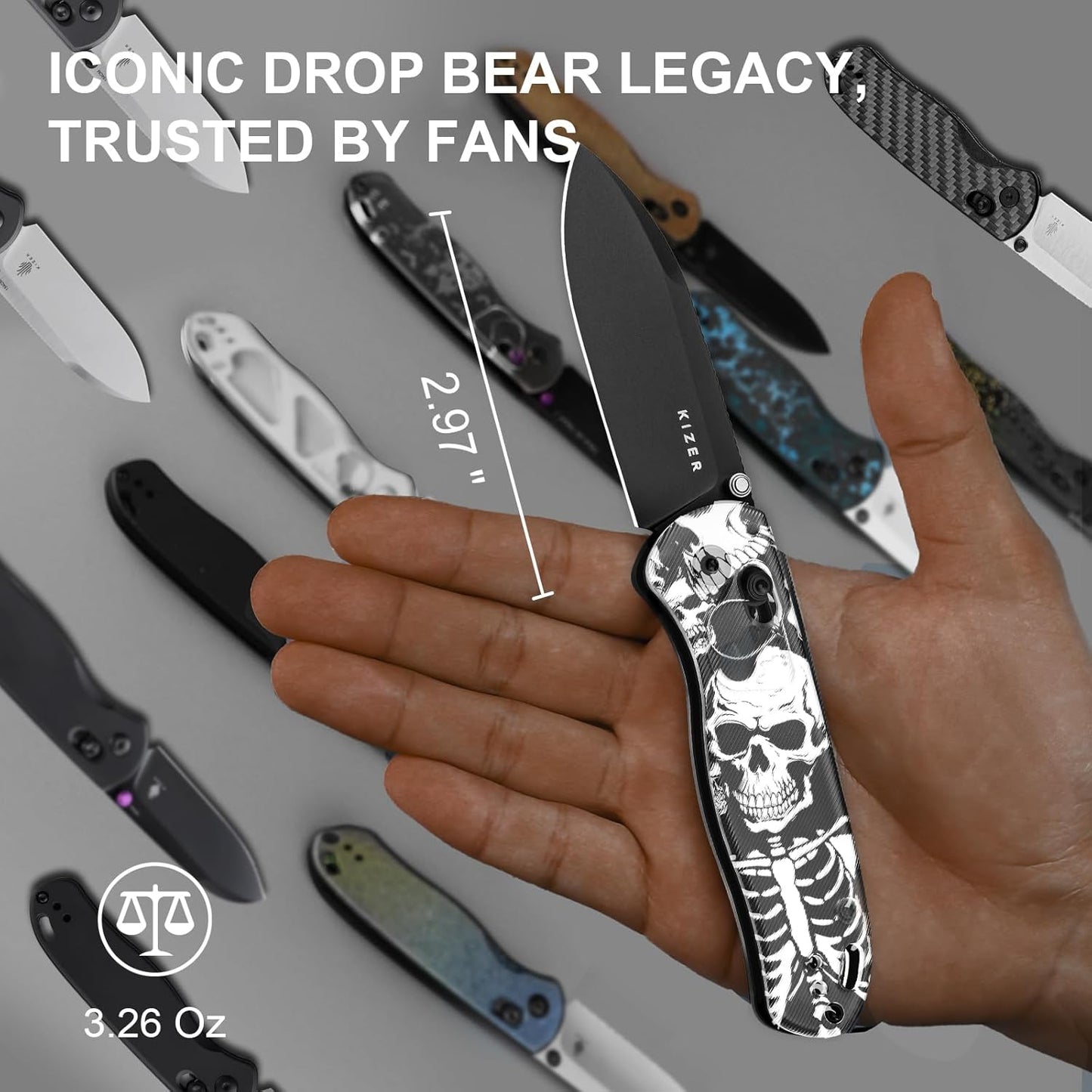 Kizer Drop Bear EDC Pocket Knife, 2.97” Nitro-V Blade Acrylic Handle Folding Knife with Thumb Stud Opener, Clutch Lock EDC Knives for Men Women Gift V3619A12