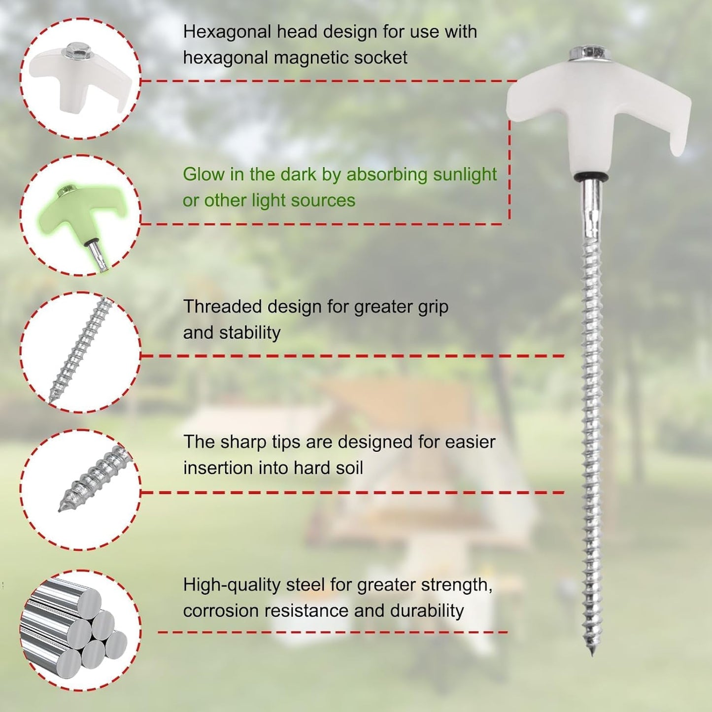 12 Pcs Tent Stakes Heavy Duty, 8 in Ground Anchors Screw in, Grow in the Dark Screw in Tent Stakes, Camping Stakes with Storage Box, Threaded Tent Spikes with Hex Head Driver and Stake Puller