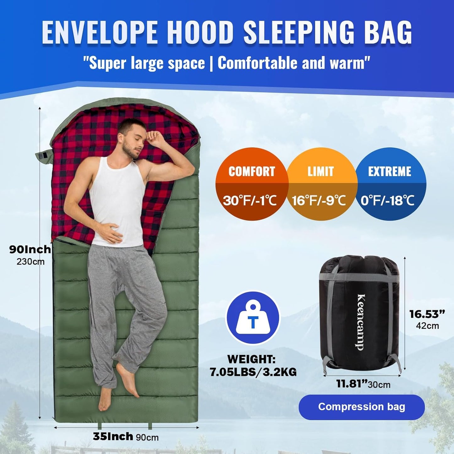 0 Degree Sleeping Bag Cotton Flannel Winter Cold Weather for Adults XXL Sleeping Bag 4 Season Big and Tall with Pillow Compression Sack