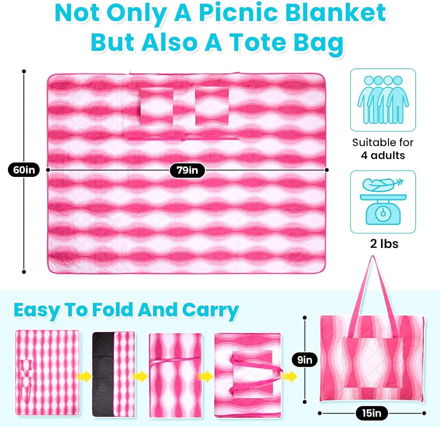 #WEJOY 3 in 1 Outdoor Picnic Blanket, Padded 5 Layers Beach Blanket, 80x60'', 4 Person, Easy to Fold, Waterproof for Lawn,Camping, Park (Pink)