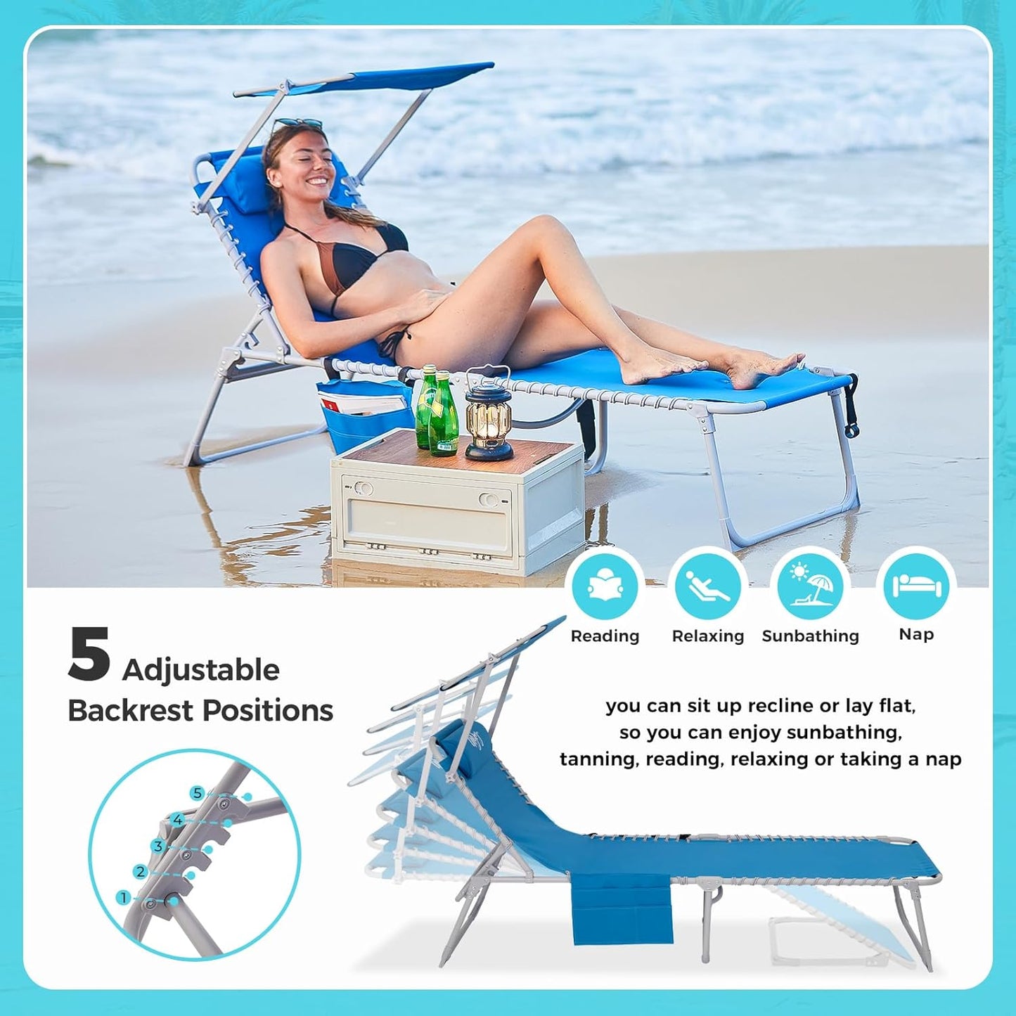 #WEJOY Folding Lounge Chair with Canopy Shade, Portable Adjustable 5-Position Patio Chaise Lounger with Pillow & Storage Pocket for Lay Flat Outdoor Lawn Backyard Beach Camping Pool Tanning (Blue)