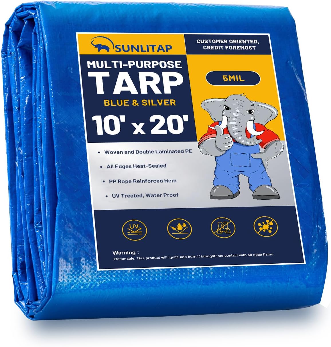 10x20Ft Tarp Cover 5 MIL Waterproof Poly Tarps, Light Duty Tarpaulin with Grommets, Reinforced Edges, Rip & Tear Proof, Multipurpose Finished Size Tarp for Cars, Boat, Roof, Camping - Blue