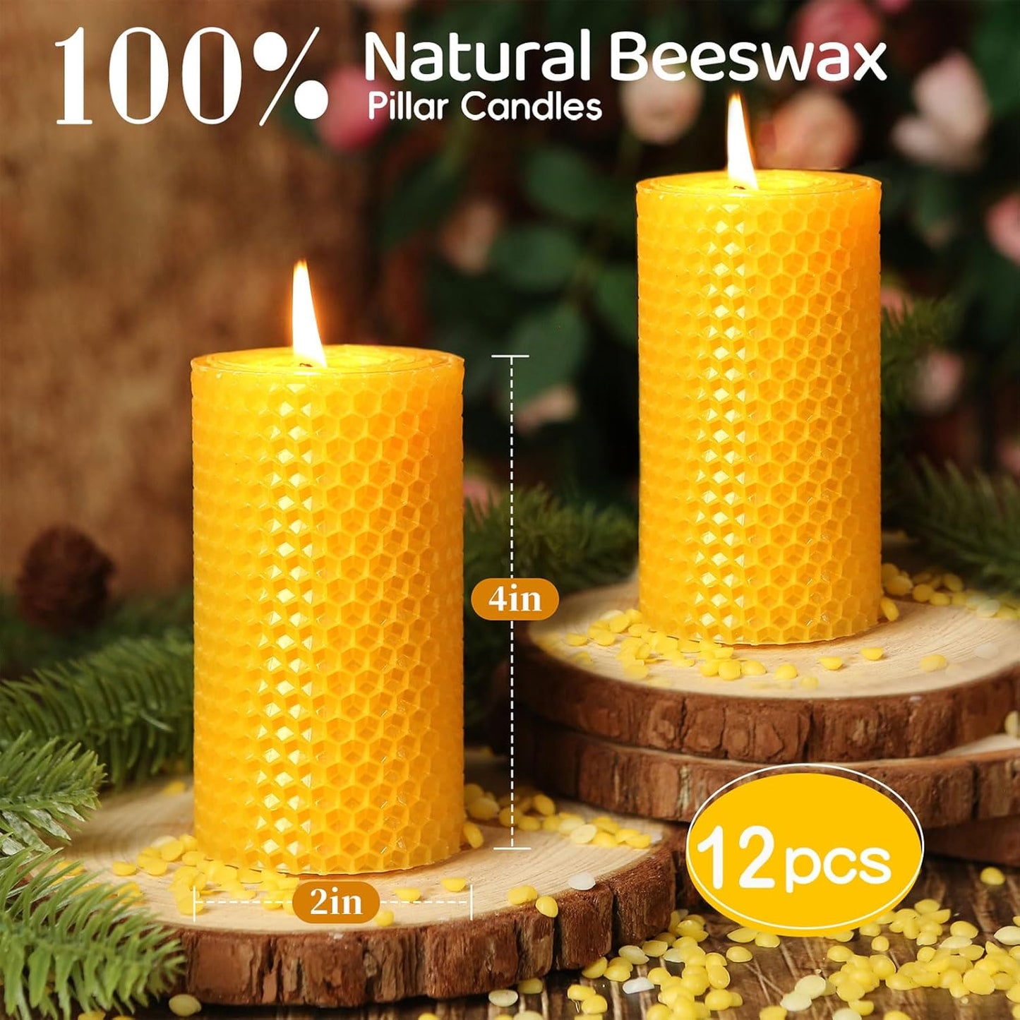 12 Pack Honeycomb Beeswax Candles,240 Hours Long Burning Natural Handmade Beeswax Rolled Pillar Candles, Bees Wax Candles for Home, Prayer,Dripless Smokeless Unscented Pillar Candle 2x4in