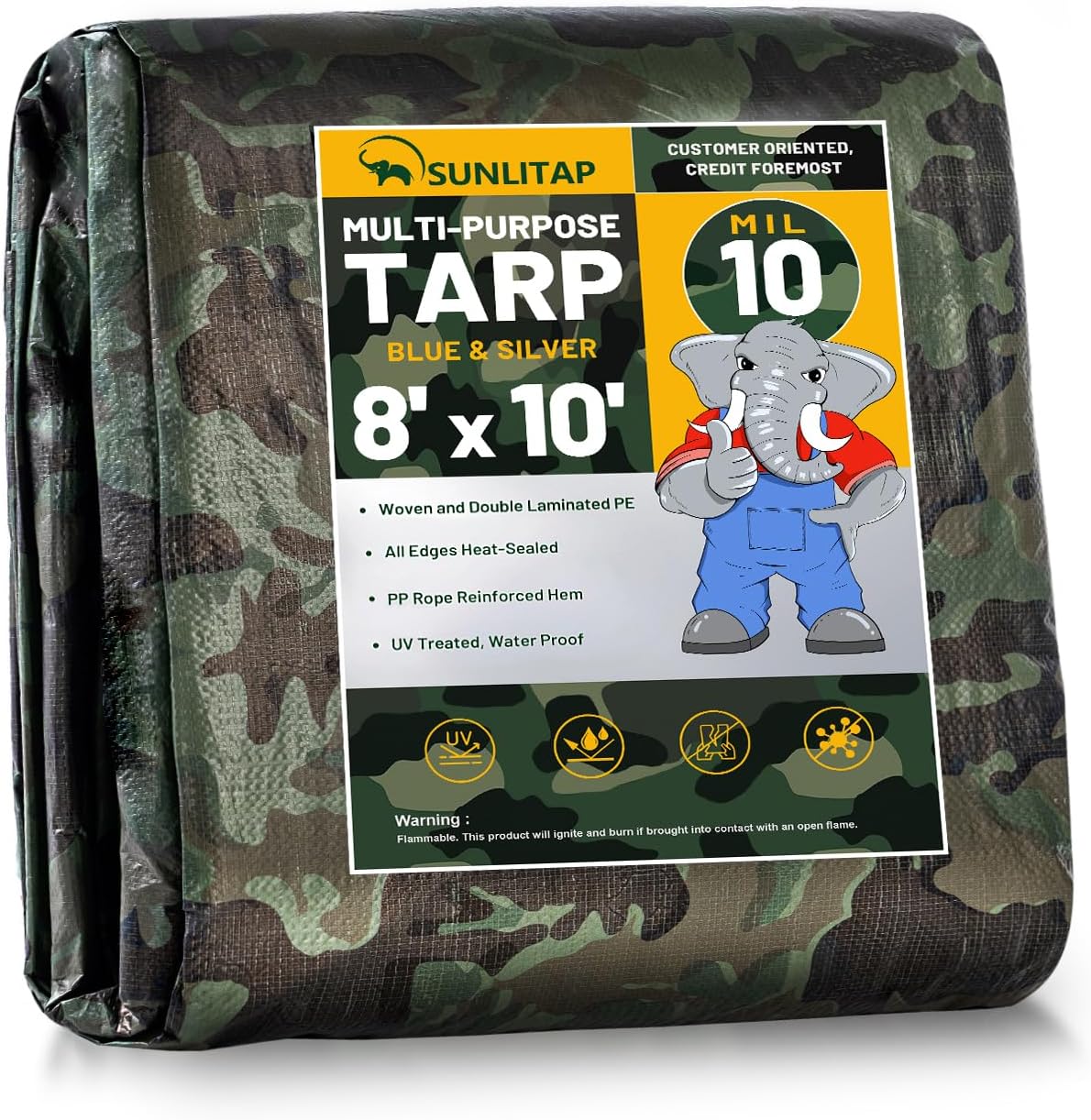 10 Mil Heavy Duty Waterproof Tarps, 8x10 Ft Finished Size Tarps, Premium Tarp with Metal Grommets & Reinforced Edge, Multipurpose Thick Poly Tarp for Car, Boat, Roof, Camping - Camouflage
