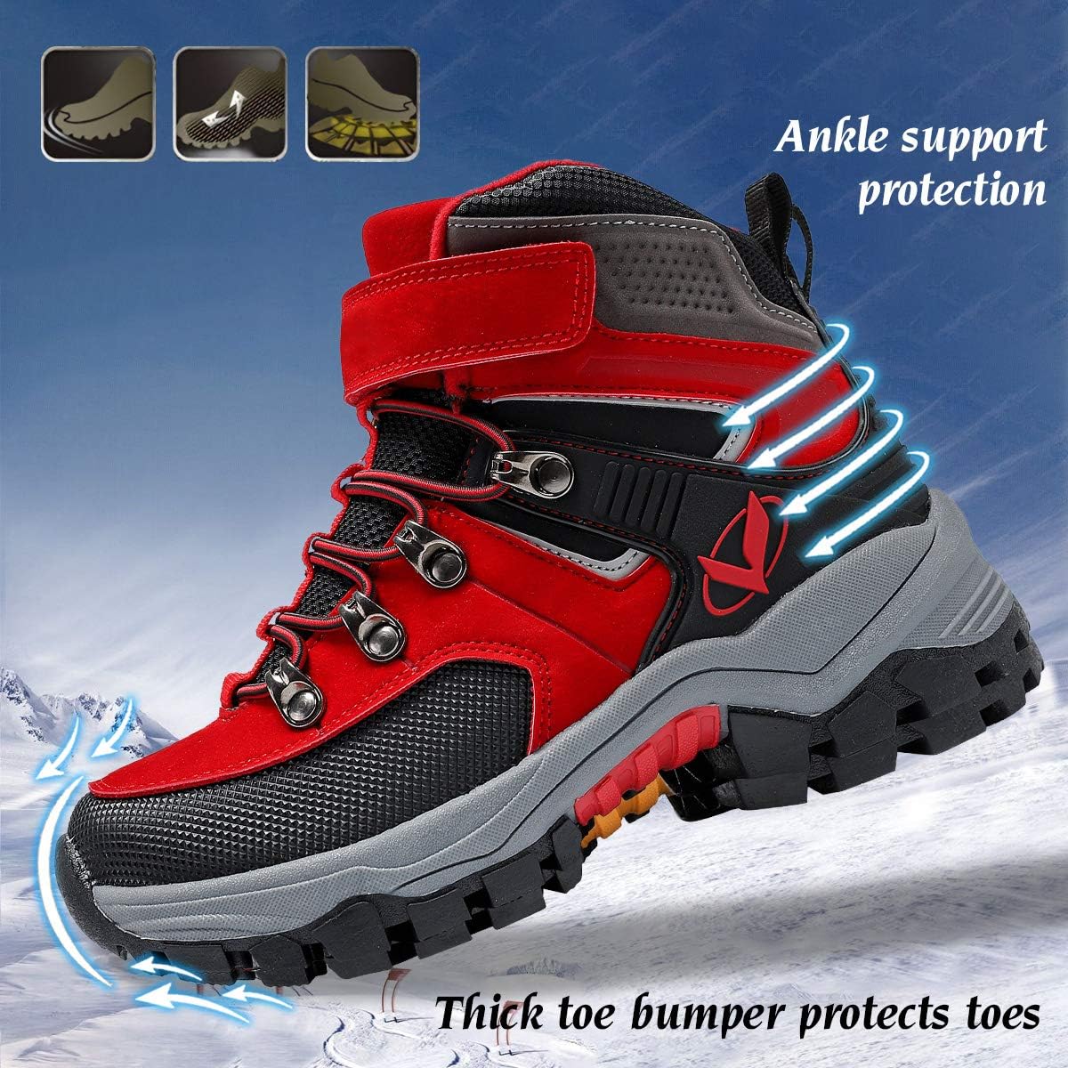 JMFCHI Kids Hiking Boots Boys Girls Outdoor Walking Climbing Sneaker Comfortable Non-slip Snow Shoes Hiker Boot Antiskid Steel Buckle Sole