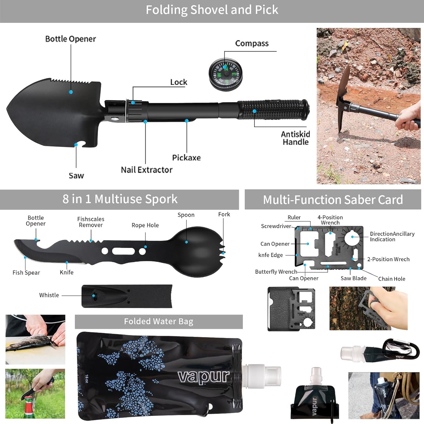 145 Pieces Emergency Survival First Aid Kit with Splint for Trauma Wound Care Blow Out for Camping Outdoor Earthquake and Adventures, Black