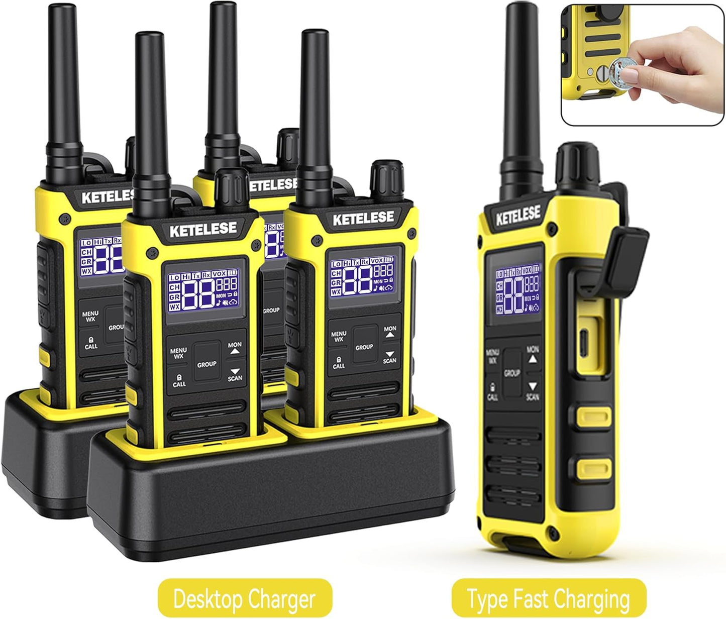 KETELESE T3F IP67 Waterproof Two Way Radios, FRS Walkie Talkie 4 Pack with Earpieces,USB C Charge Dock,Group Talk,Flashlight,VOX,Weather Alert, for Adults, Black/Yellow