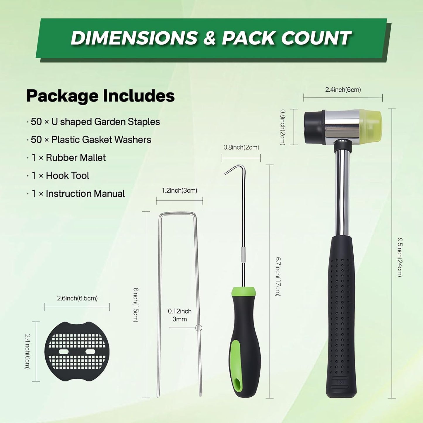 150Pcs Landscape Fabric Pins+150Pcs Gasket+Pick Hook+Rubber Mallet, 6 Inch Landscape Fabric Staples 11 Gauge U Shaped Galvanized Landscape Pins Yard Ground Pin for Weed Barrier Sod Fabric Decoration