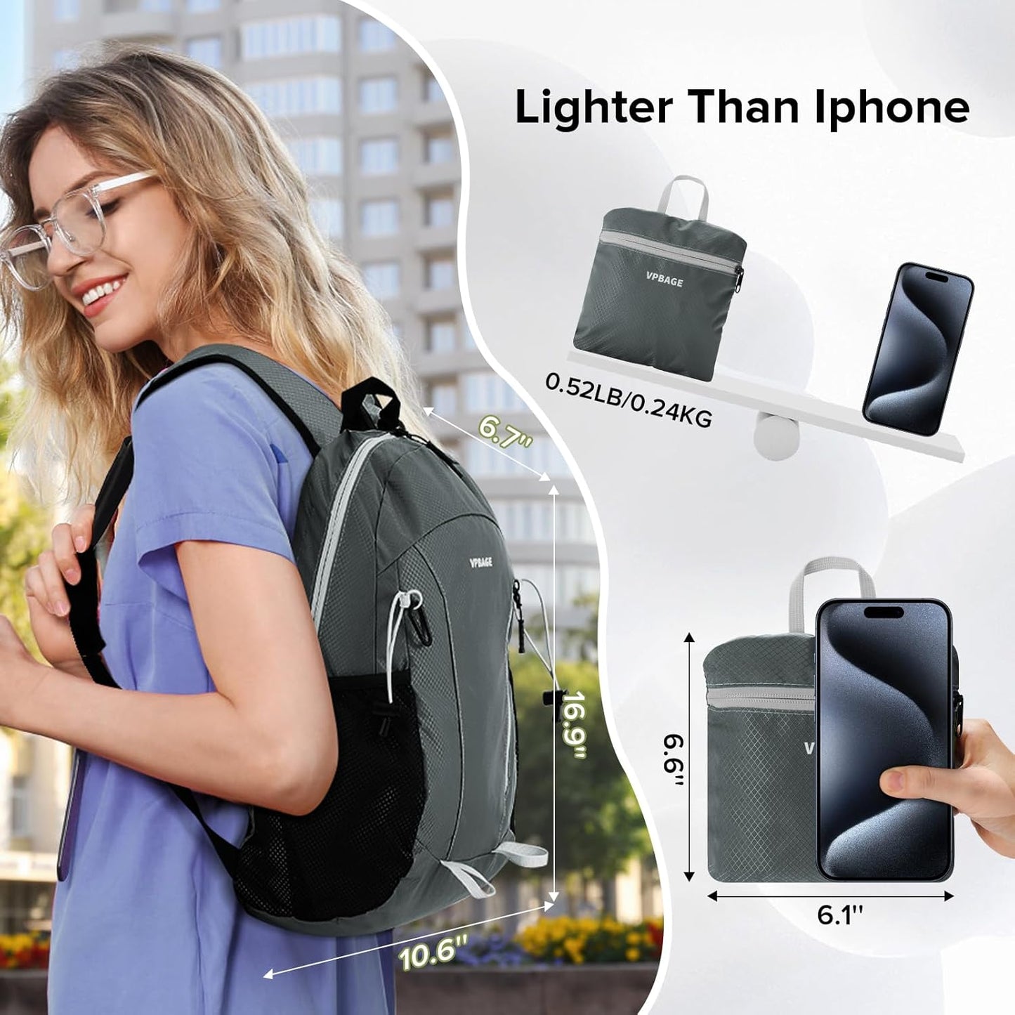 15L Water-resistant Hiking Daypack, Small Backpack Travel Outdoor, Lightweight Day Pack with Tool Loops