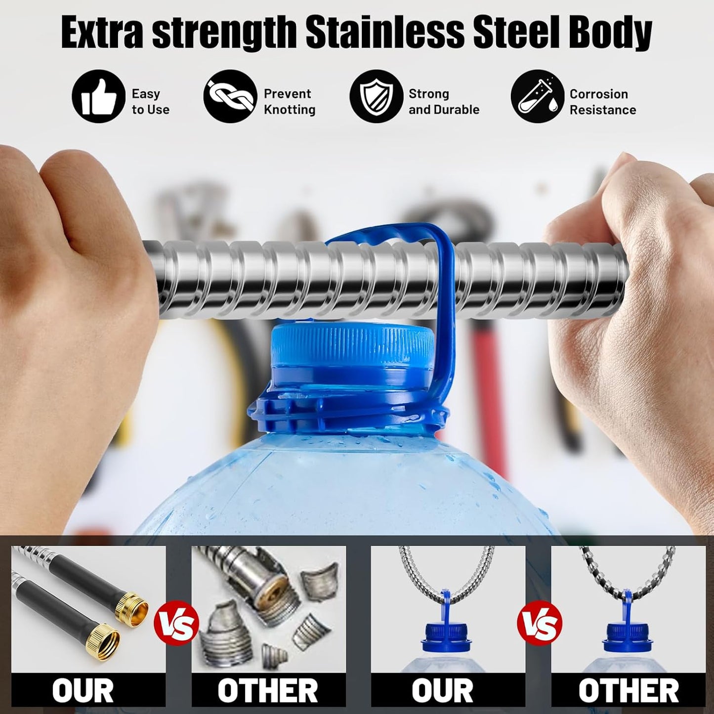 100 ft Garden Hose, Stainless Steel Metal Water Hose 100 Feet with Nozzle, Flexible, Rust Proof, No-Kink, Heavy Duty, Leakproof 3/4 in Fittings, Lightweight Metal Hose, BT100S Model