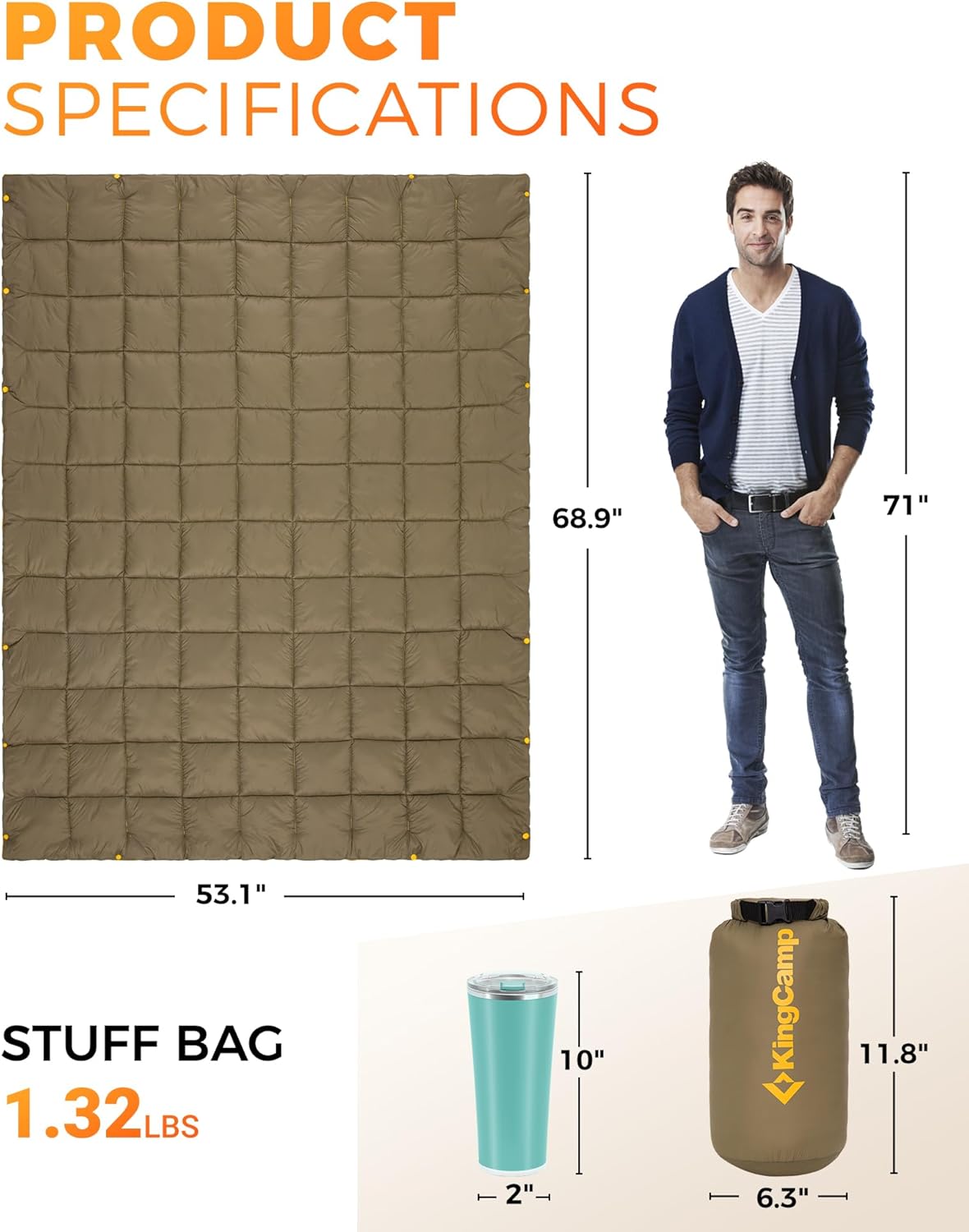 KingCamp Ultralight Camping Blanket, Packable Down Alternative Puffy Wearable Blankets Weatherproof Warm Package Quilt with Snap Buttons for Outdoor Hiking Travel Picnic Stadium (69" L x 53", Olive)