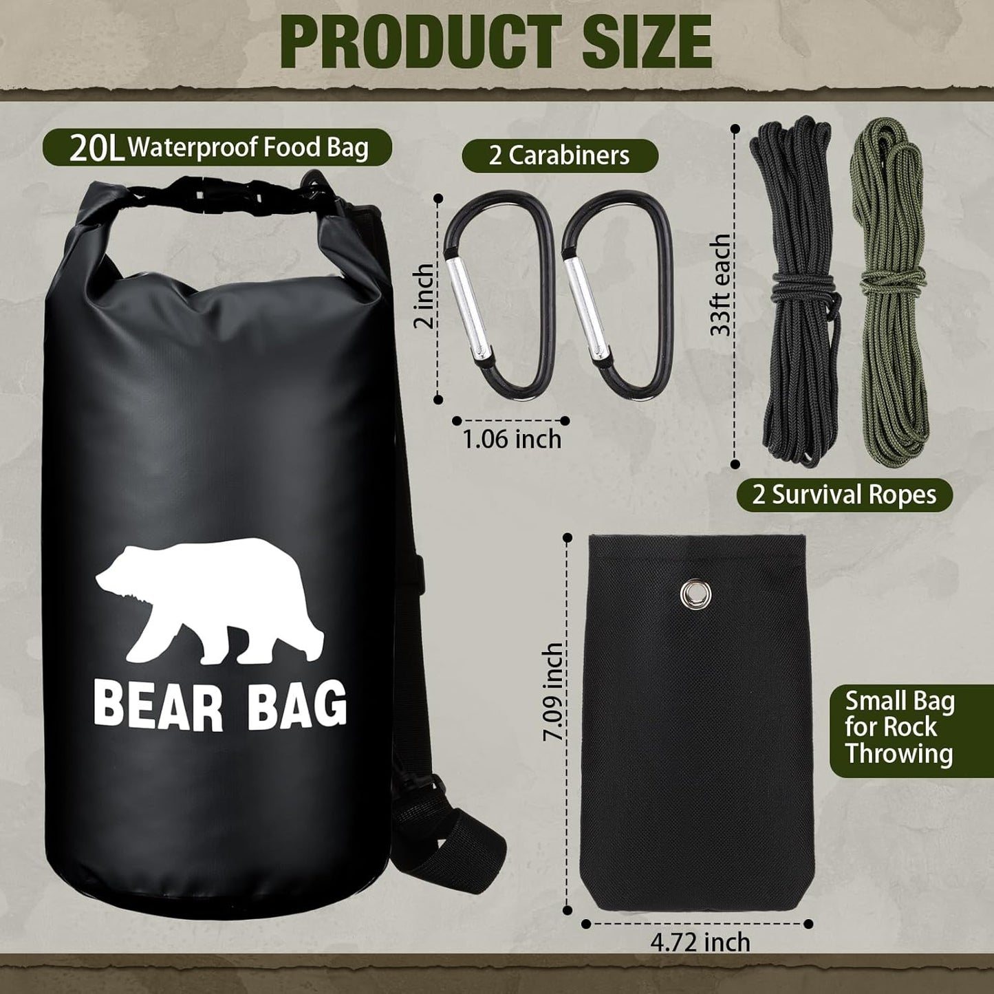 1 Set Bear Food Bag for Camping Ultralight Food Hanging System Includes Waterproof Bear Bag, Nylon Ropes, Hooks for Camping Backpacking