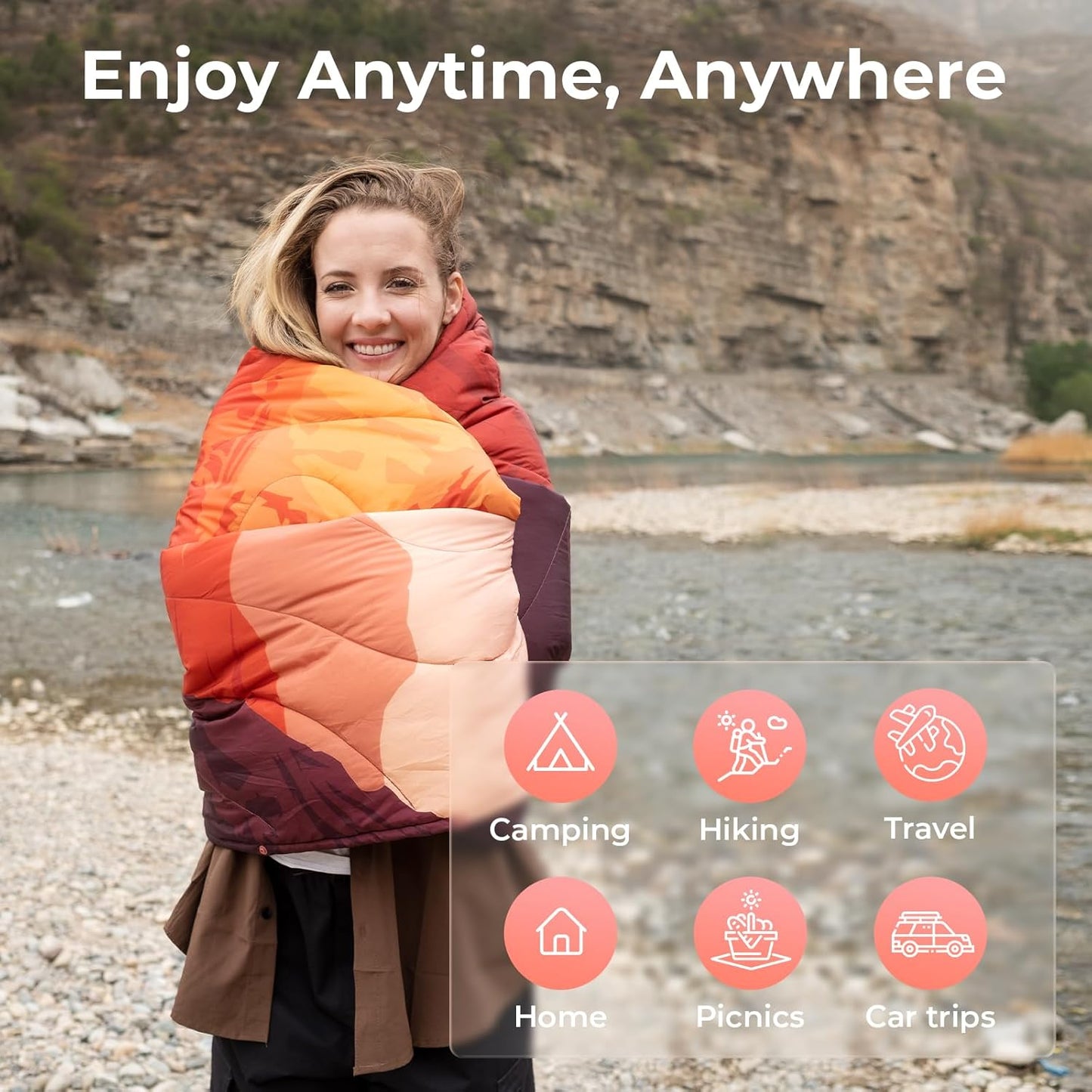KingCamp Ultralight Camping Blanket, Packable Down Alternative Puffy Printed Wearable Blanket with Snap Buttons & Corner Loops Weatherproof Quilt for Outdoor Travel Stadium (79"L x 57"W, ORANGE)
