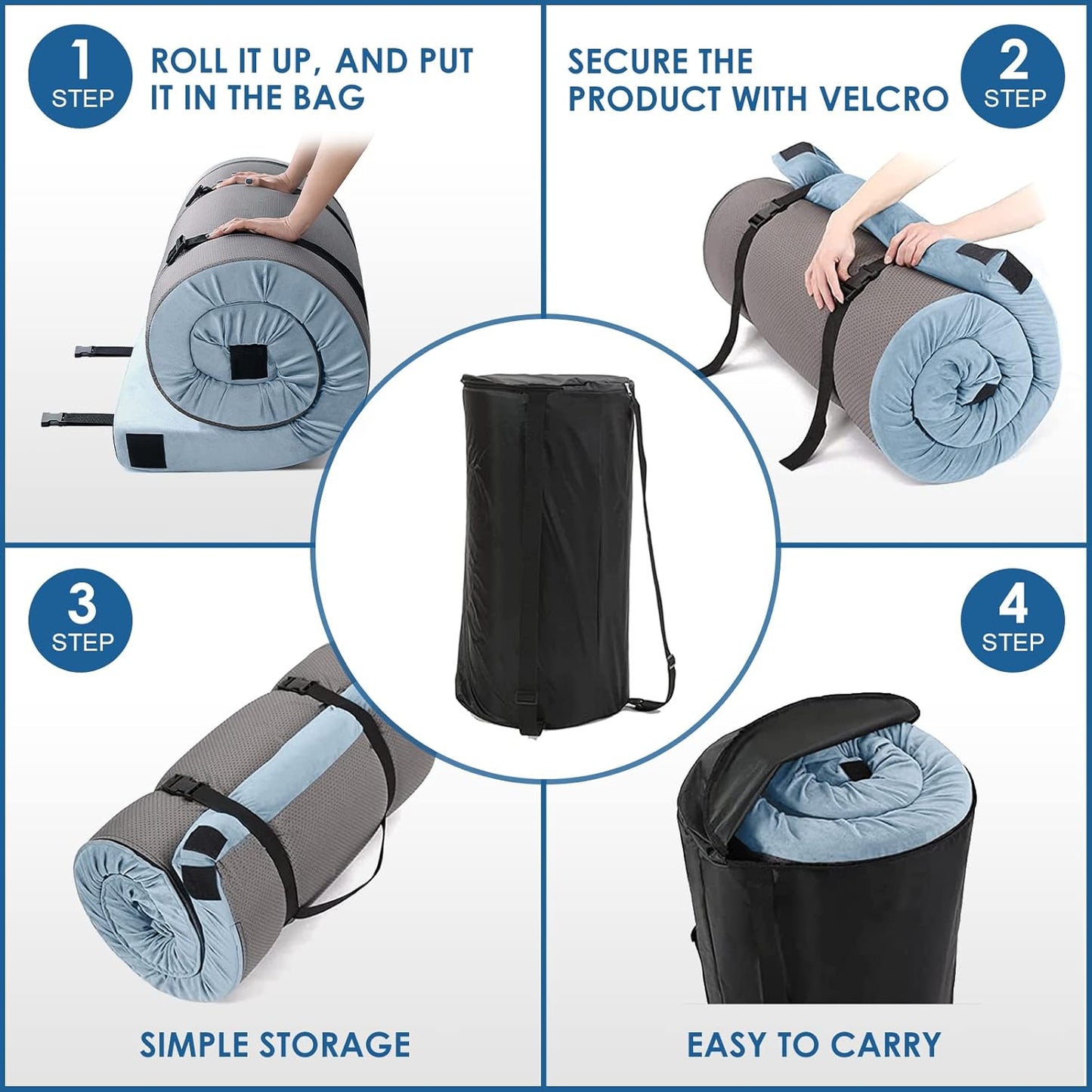 KingChii CertiPUR-US Memory Foam Camping Mattress, Portable Roll Up Travel Car Camping Mattress Sleeping Pad & Floor Mattress, Cot Mattress Guest Bed for Sleepover with Waterproof Cover & Travel Bag