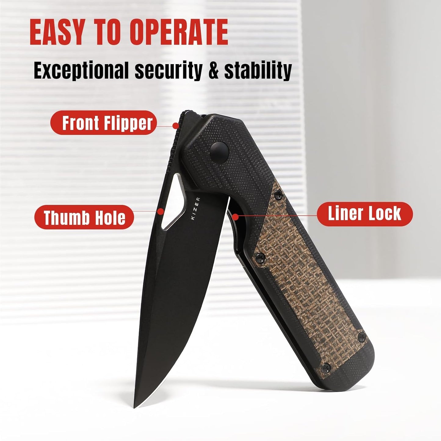 Kizer Militaw EDC Pocket Knife, 3.36'' Nitro V Blade Folding Knife, G10 & Micarta Handle with Pocket Clip, Thumb Hole & Front Flipper Opener, Camping Hunting Knife for Men Women Gift V3634A1