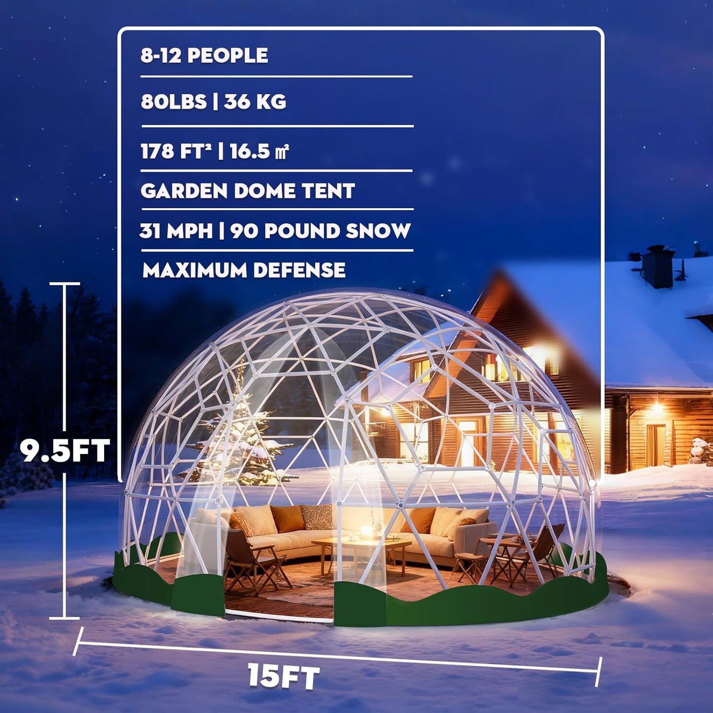 15 x 9.5 FT Garden Dome Tent, Outdoor TPU Greenhouse for 8-12 Person, Greenhouse Garden Tent with Window, Waterproof Clear Dome Tent Suitable for Camping, Party, Wedding, Christmas