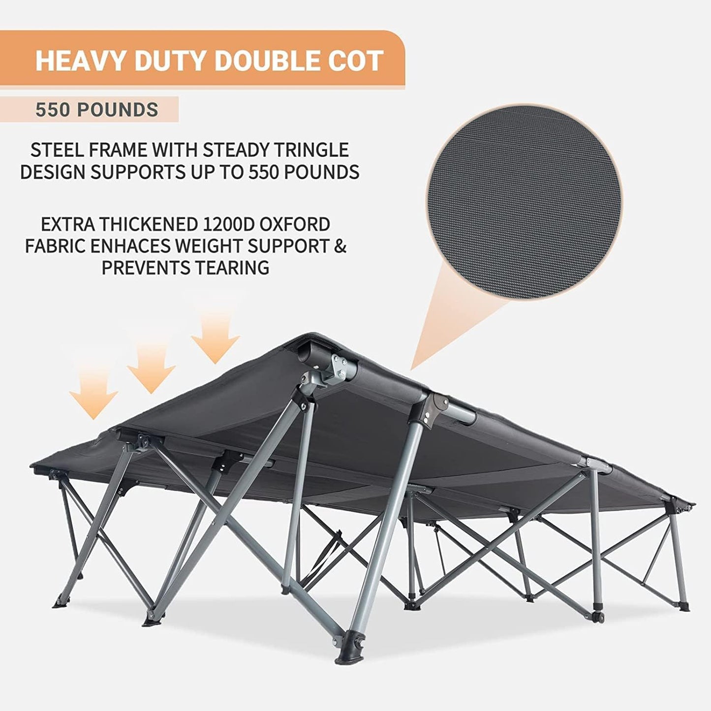 KingCamp 2 Person Queen Size Camping Cot, Folding Portable Double 550lbs Heavy Duty Oversized Large Wide XXL Foldable Sleeping Bed with Carry Bag for Two Adult Outdoor Travel Tent, Grey