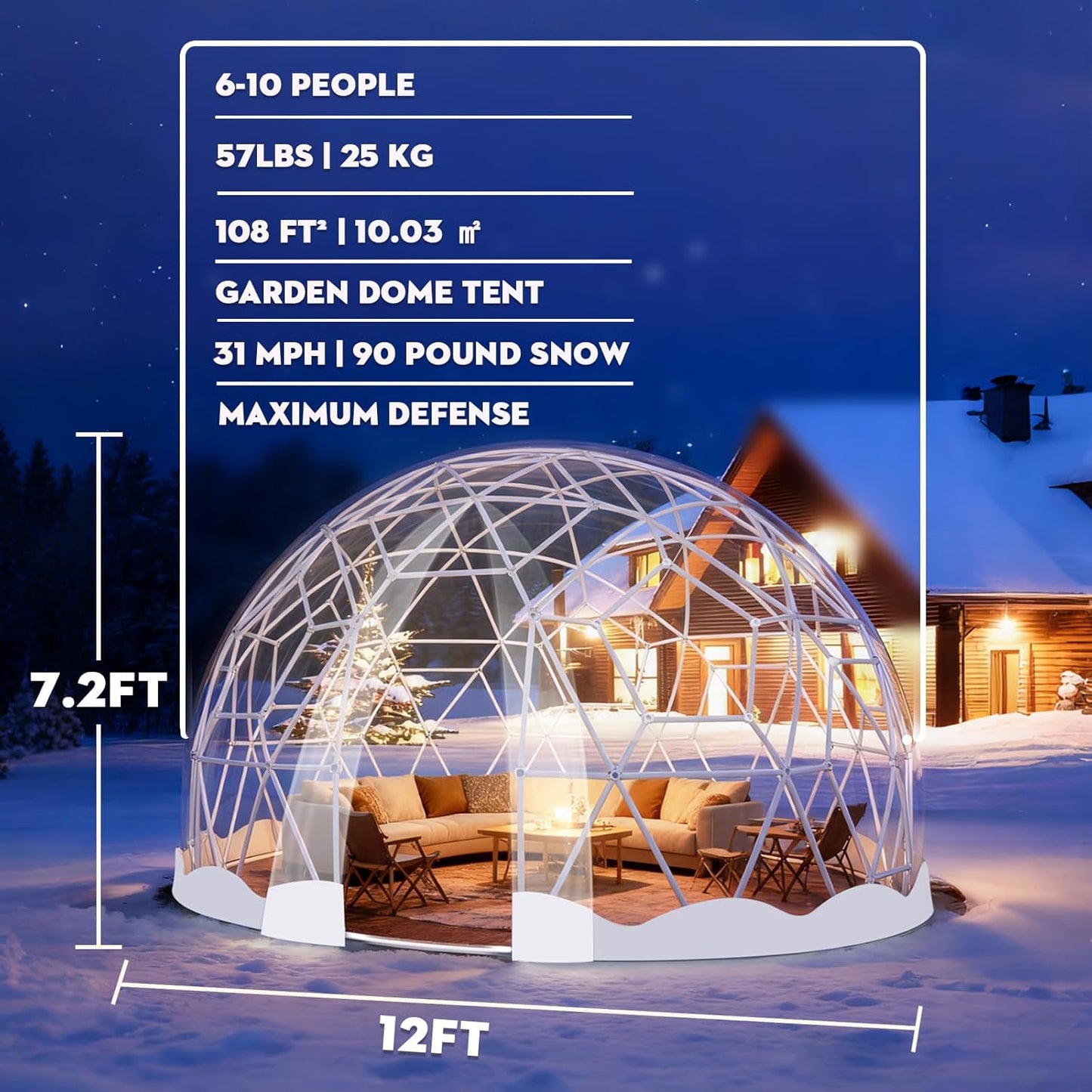 12 x 7.2 FT Garden Dome Tent, Outdoor TPU Greenhouse for 4-8 Person, Greenhouse Garden Tent with Window, Waterproof Clear Dome Tent Suitable for Camping, Party, Wedding, Christmas