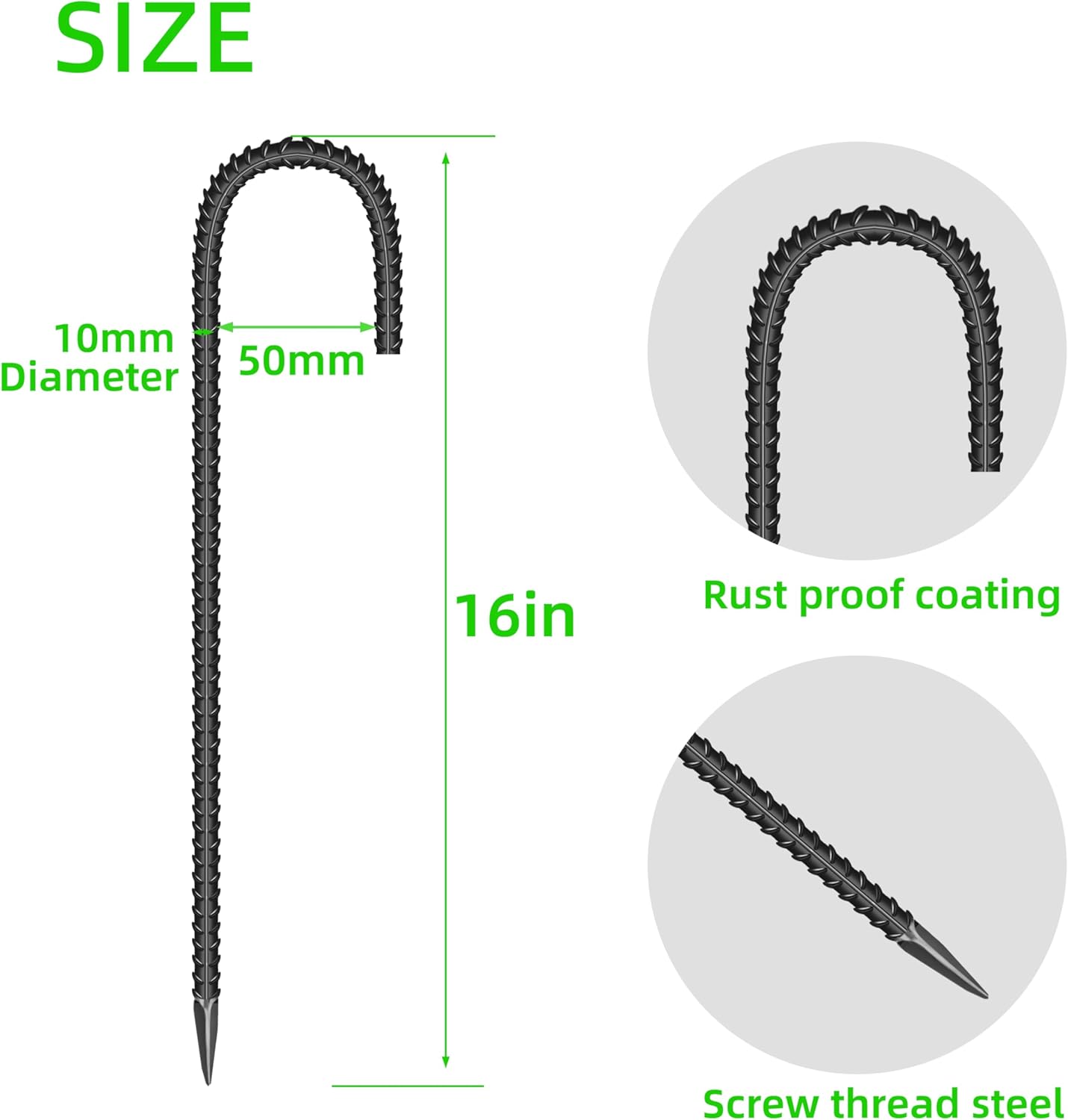 10 Pieces 16-Inch Garden Ground Stakes Galvanized Steel J Shape Hook Rebar Stake - Heavy DutyAnchors for Tents, Position Kits,Fences, and Trampolines