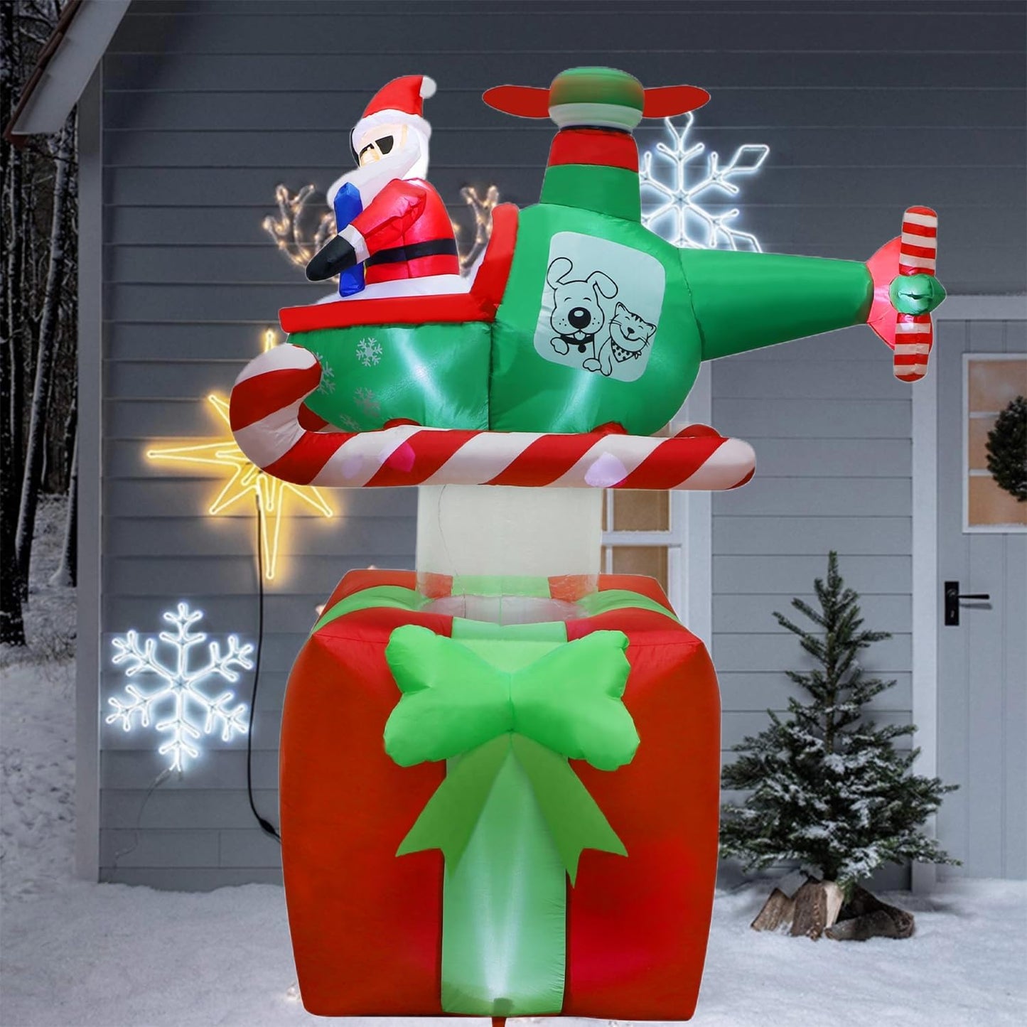 Juegoal Christmas Inflatables Outdoor Decorations, 6FT Inflatable Xmas Santa Claus with Helicopter on Gift Box, Lighted Blow Up Santa Flying Airplane, Built in Light for Holiday Lawn Yard Garden Decor