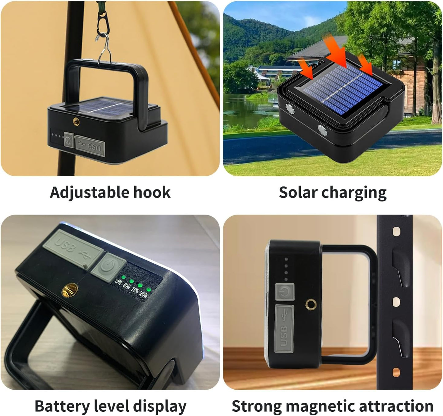 1 PCS Portable LED Camping Light, Solar Charging,USB Rechargeable Light, Black, 500 Lumen, Waterproof, Modern Style, Outdoor Use