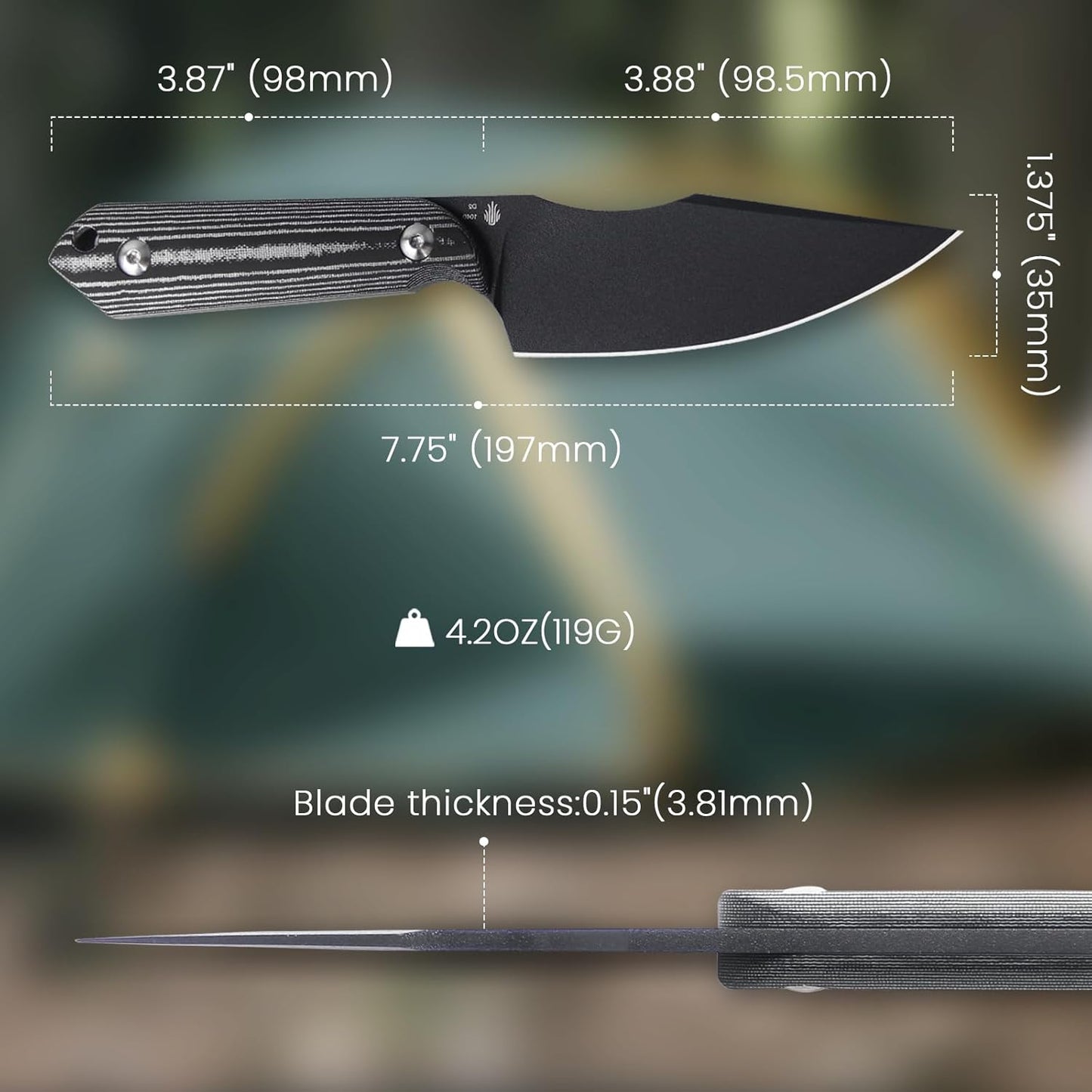 Kizer Harpoon Fixed Blade Knife, D2 Blade with Black Micarta Handle Hunting Knife, EDC Fixed Blade Knife with Sheath, Hiking Camping Knife 1040A1