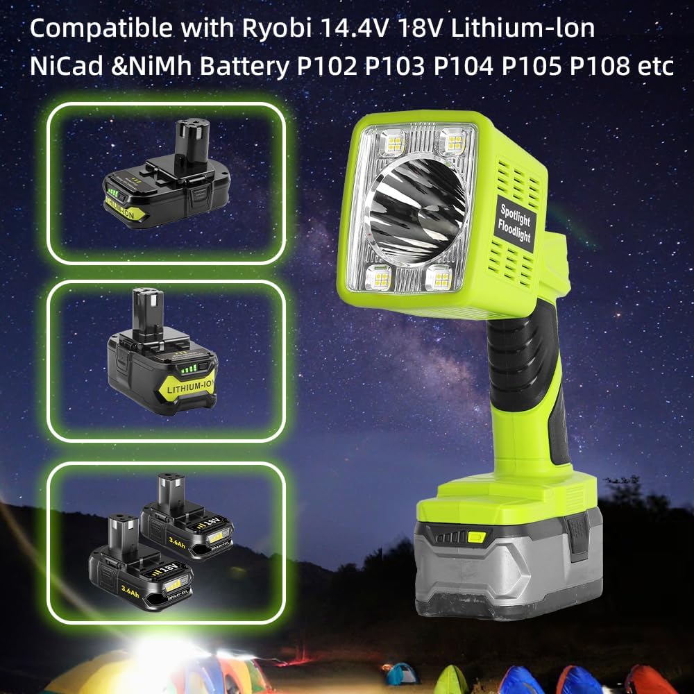 1600LM Flashlight for Ryobi ONE+ 18V Li-ion Ni-Cad Ni-Mh Battery, Portable Handheld Flashlight Project Light for Camping Workshop Garage Car Repairing, Emergency and Job Site(Battery not Included)