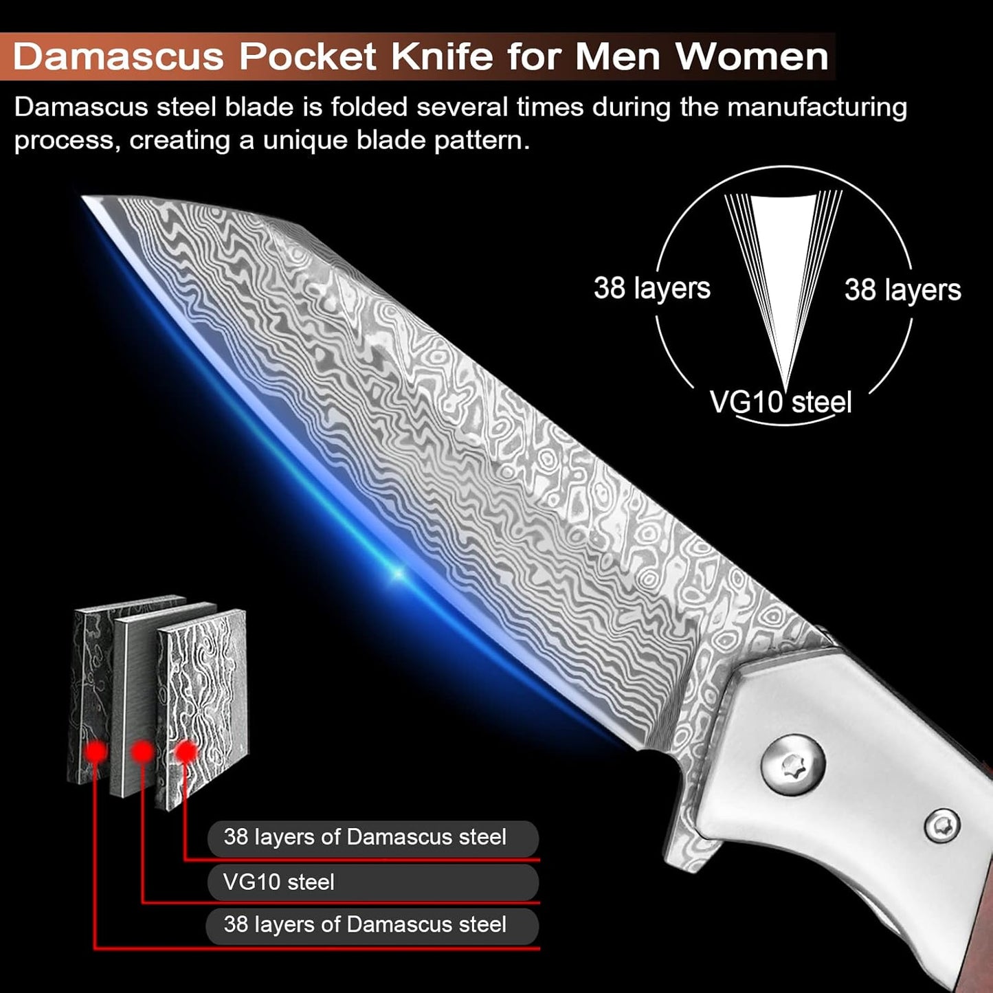 KOMWERO Damascus Pocket Knife with Clip Leather Sheath, 3.14 inch Sharp Damascus Steel Knife with Rosewood Handle, EDC Damascus Folding Knife for Men Women Camping Collection