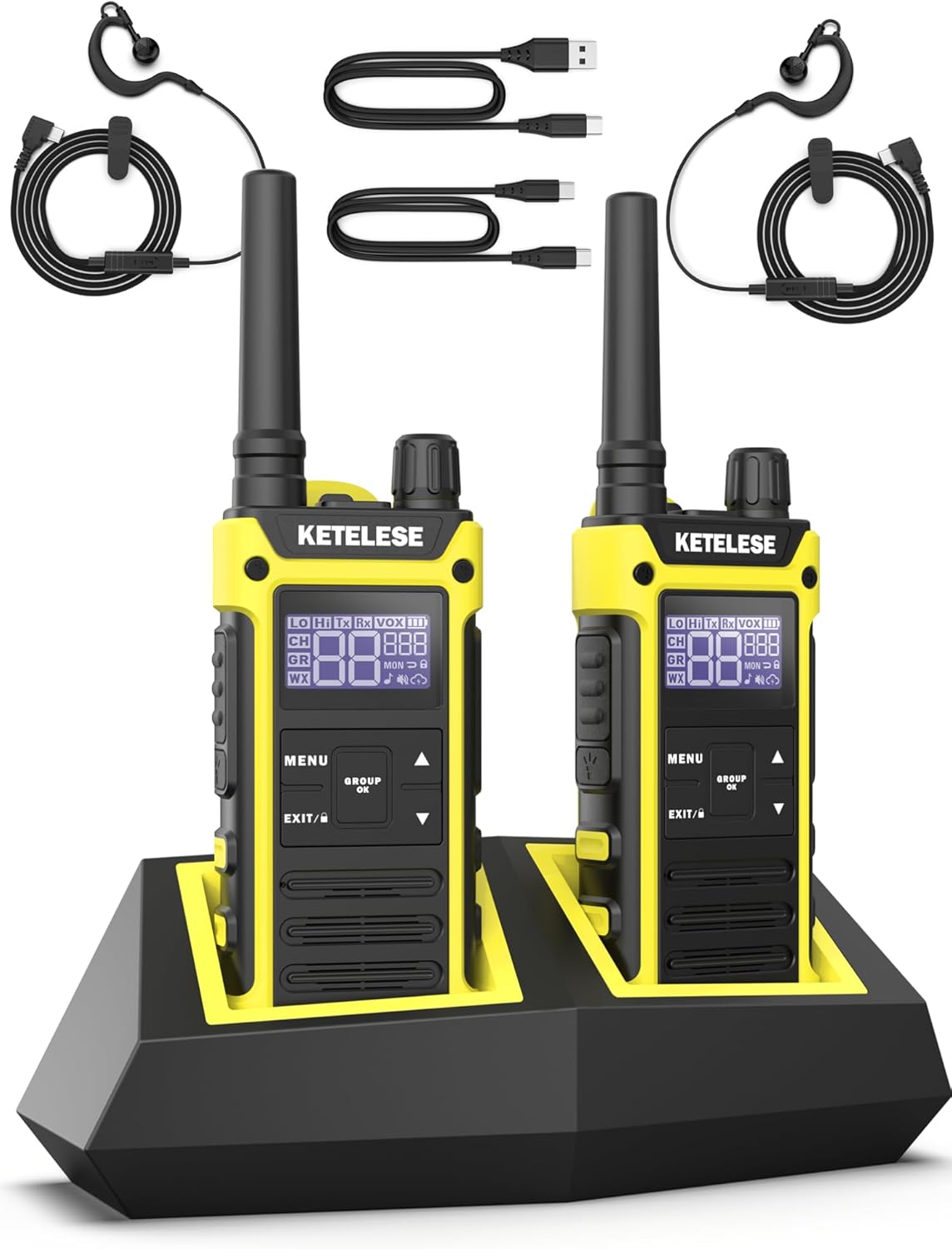 KETELESE T3F IP67 Waterproof Walkie Talkies, FRS Two Way Radio with Earpiece, Triple Proof, Three Charging Options, USB/Type C Radio, NOAA, VOX (2 Pack), Black/Yellow