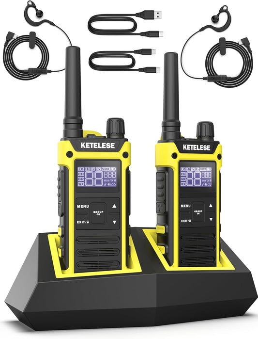 KETELESE T3F IP67 Waterproof Walkie Talkies, FRS Two Way Radio with Earpiece, Triple Proof, Three Charging Options, USB/Type C Radio, NOAA, VOX (2 Pack), Black/Yellow