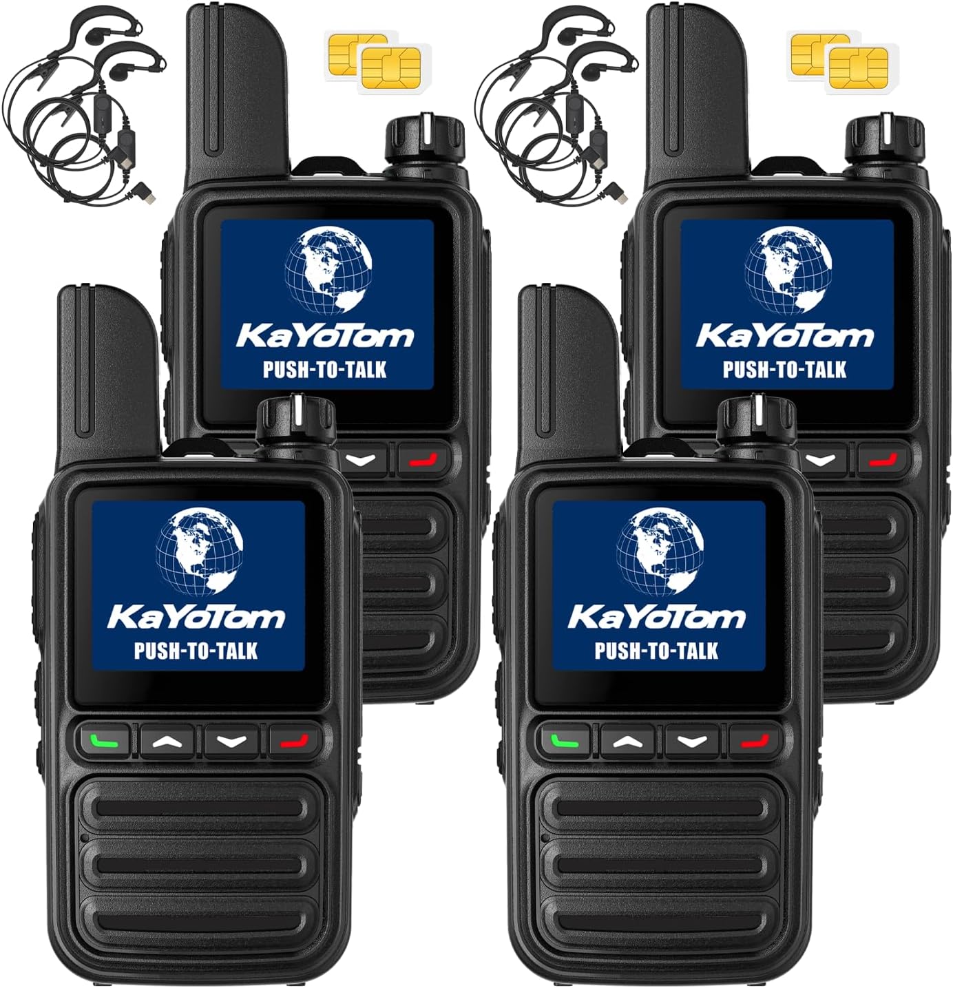 KAYOTOM Lifetime Free Global Walkie Talkies Unlimited Range PTT Push-to-Talk Over Cellular Nationwide 5000 Miles POC 4G Handheld Long Range Two Way Radio for Team Management (4-Pack with Earphones)