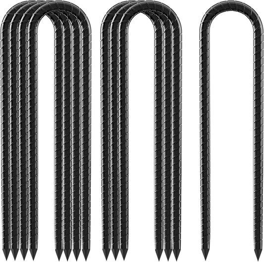 12inch Rebar Stakes, 8 Pack U Hook Ground Anchors, Heavy Duty Rust Proof Coated Steel Ground Stakes Ground Anchors, Garden Stake Metal Stake Tent Stake Trampoline Anchors Trampoline (Black)