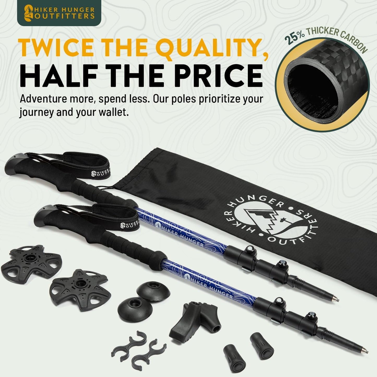 100% Carbon Fiber Trekking Poles by USA Brand - Ultra Strong Lightweight Collapsible Hiking Poles with Cork and EVA Foam Grips & Quick Adjustable Flip Locks