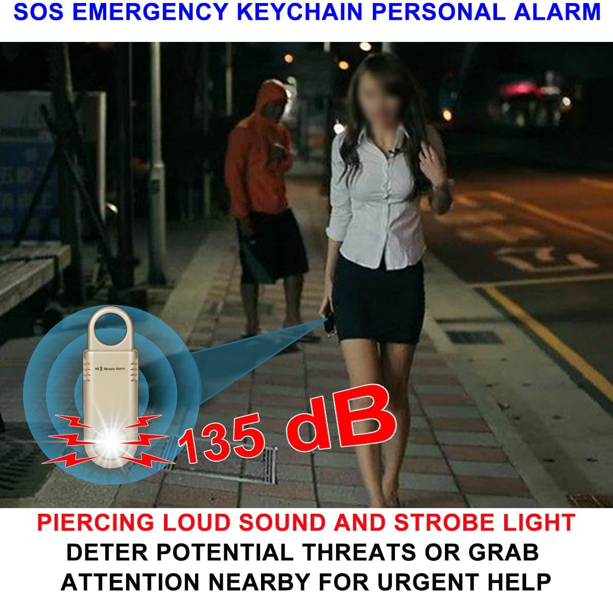 135dB Rechargeable Personal Safety Alarm Strobe Light Non Slip Grip Keychain Siren for Women Students. Emergency Mutual SOS Paging Alerts Loud Sound Flashlight Hiking Bear Alarm. Gold