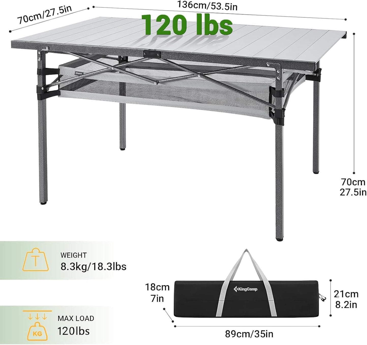 KingCamp Folding Camping Table, Aluminum Roll-Up Camp Table, Large Foldable Table for 6-8 Person, Outdoor Portable Tables with Carry Bag, 120 LBS Heavy Duty Load (Silver+Mesh：53.5"x27.5")