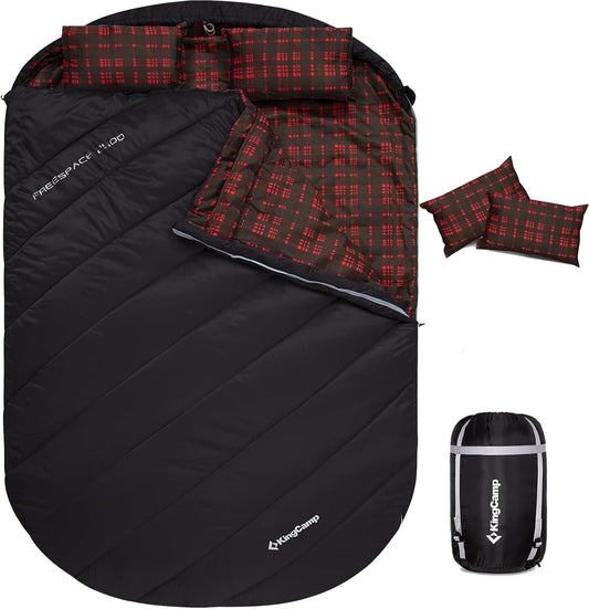 KingCamp Double Sleeping Bag for Adults, Queen Size 2 Person XXL Flannel Sleeping Bag, Waterproof Lightweight Flannel Quilt with 2 Pillows, Perfect for Couples Family Camping Hiking