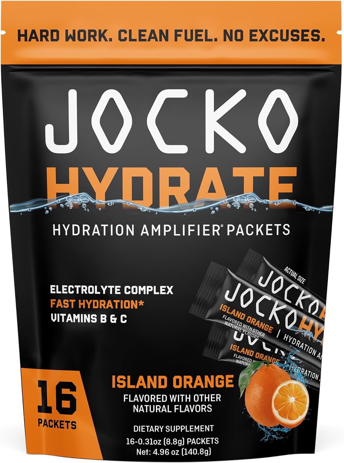 Jocko Fuel Hydrate Electrolytes Powder Packets Low Sugar - Hydration Amplifier Packets for Recovery, Dehydration, & Exercise - with Vitamins B6, B12 & C (16 Packets) Island Orange
