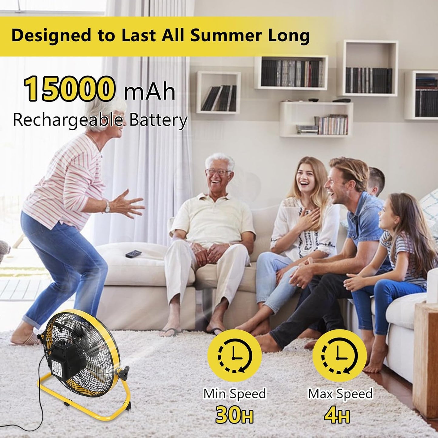 12" Solar Battery Operated Fan,Portable Solar Powered Fan,Rechargeable Floor Fan with 15000mAh Large Battery, Quiet Operation for Camping, Greenhouse, Home, Outdoor, and Summer Use