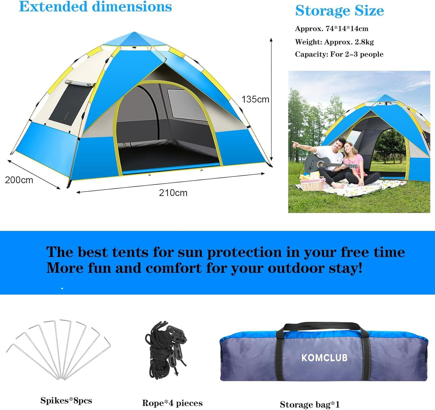 KOMCLUB Camping Tent Tents for Family Camp Tent Waterproof Windproof Outdoor for Backpacking Hiking Easy Setup with Storage Bag