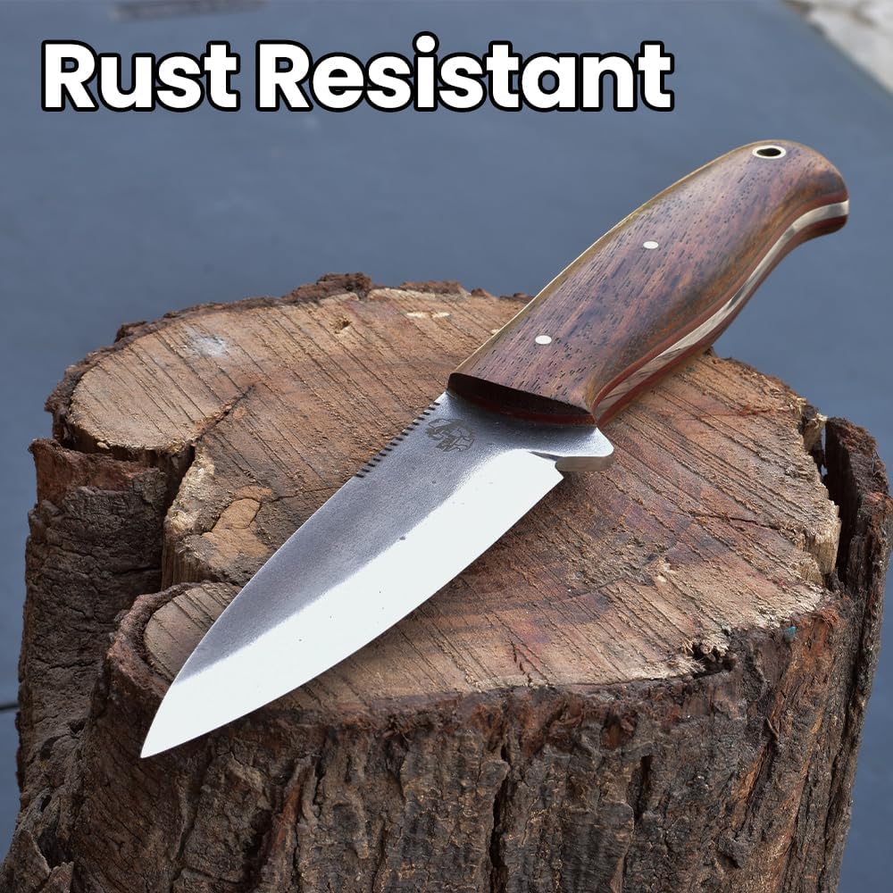 Knives Ranch Handmade Bushcraft Knife - Full Tang - SS 440C - 59 Hardness - Rosewood Handle - Genuine Leather Sheath (3092-SS-IRW)