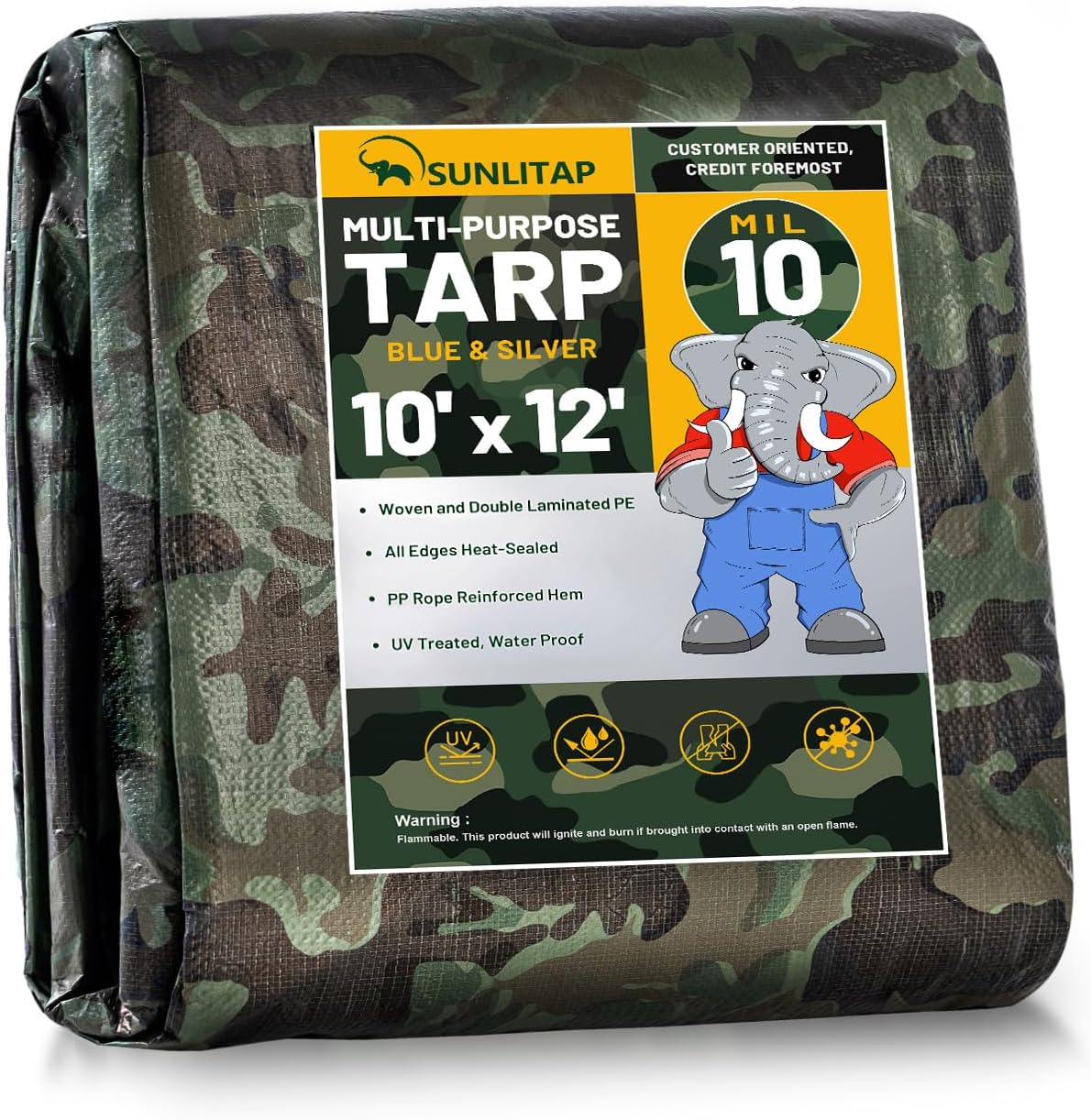 10 Mil Heavy Duty Waterproof Tarps, 10x12 Ft Finished Size Tarps, Premium Tarp with Metal Grommets & Reinforced Edge, Multipurpose Thick Tarp for Car, Boat, Roof, Camping - Camouflage