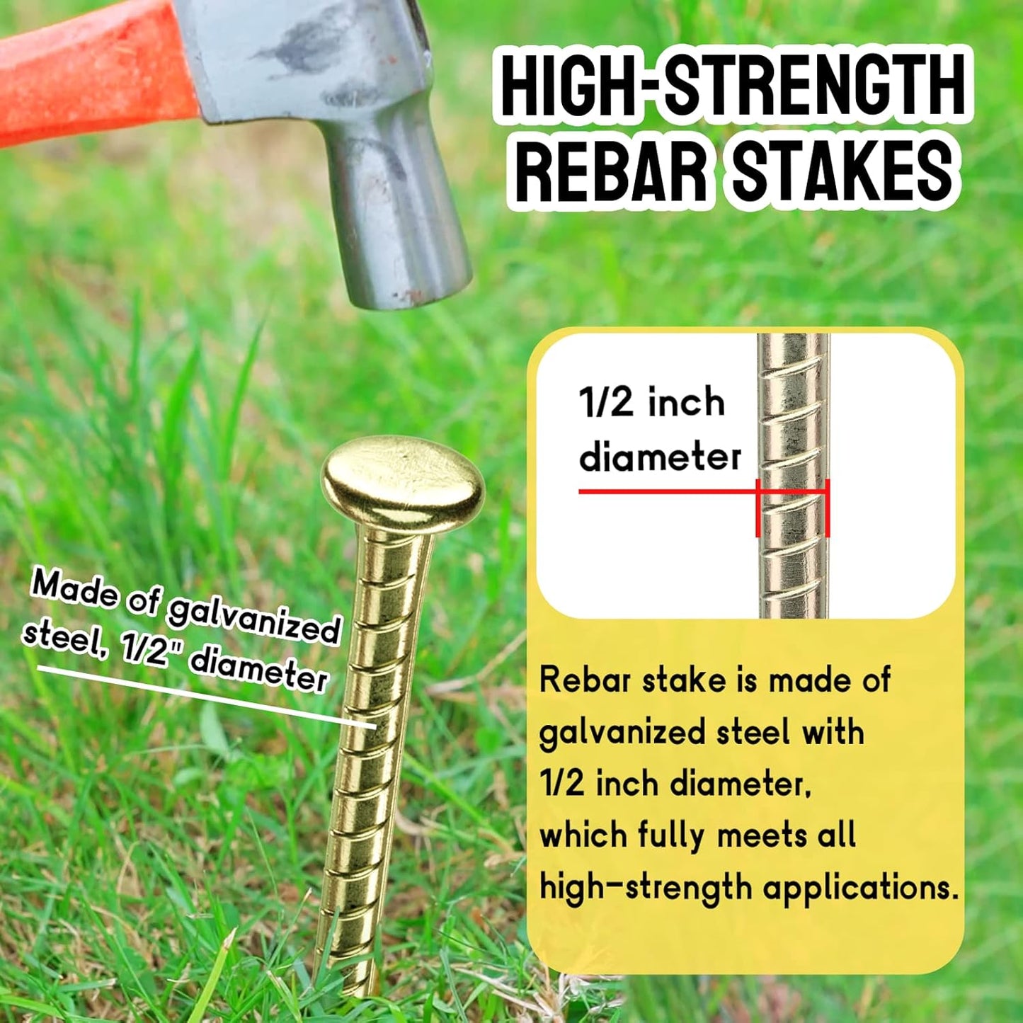 16 Inch Rebar Stakes - 1/2 Inch Diameter Galvanized Steel Ground Anchors - Heavy Duty Plant Support Garden Stake for Speed Bump, Wheel Stop, Tent (10 Pack)