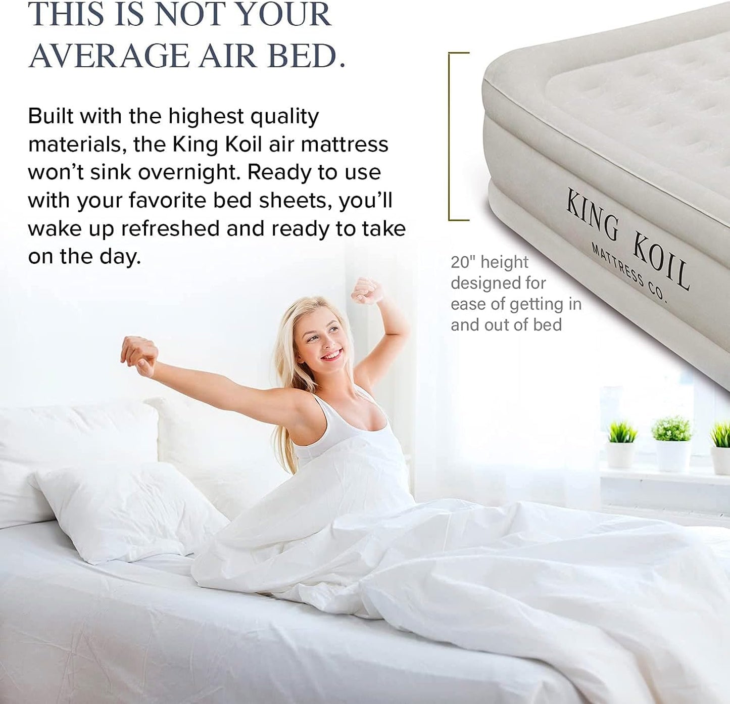 King Koil Luxury Built-in Pillow Top Queen Air Mattress with Built-in High-Speed Pump Best for Home, Camping, Guests, 20" Queen Size Double High Airbed, Blow Up Mattress, Waterproof, 1-Year Warranty