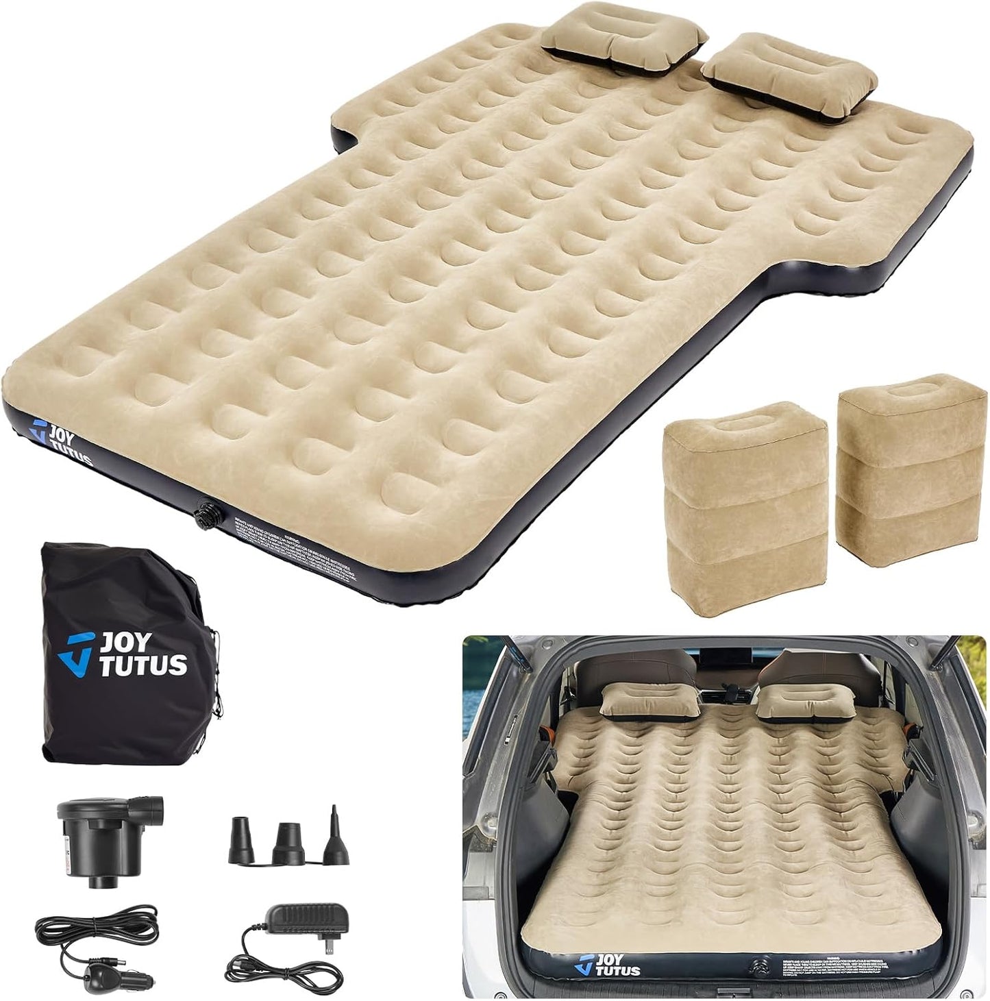 JOYTUTUS SUV Air Mattress Camping Bed,3.0 Thickened Flocking Car Camping Inflatable Mattress,Anti-Leakage,with 2 Pillows & Electric Pump Universal Car Bed for SUV Trunk and Rear Seat