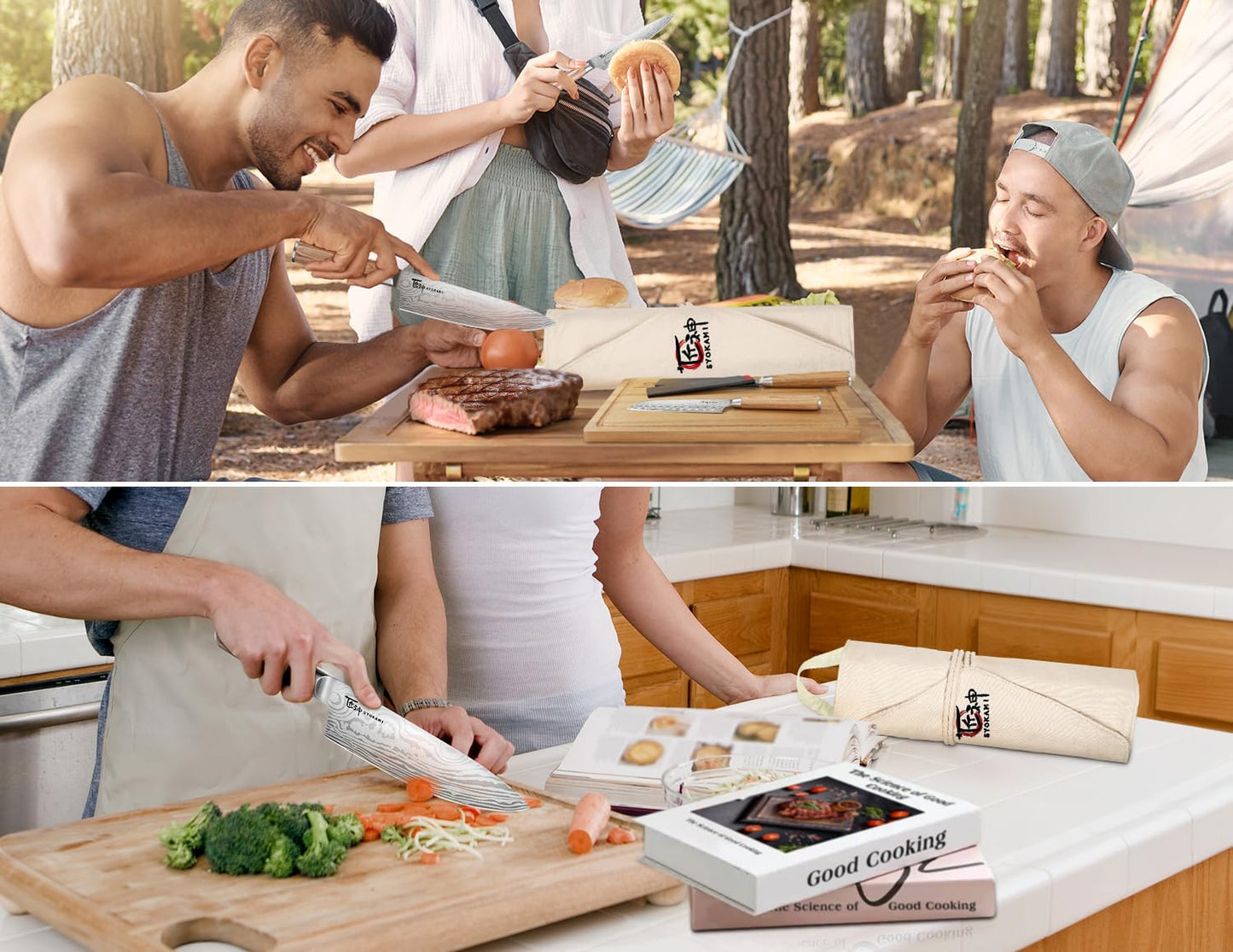 14pcs Chef Knife Set with Roll Bag, Professional Stainless Steel Japanese Knife Set with Pakkawood Handle for Professional Chef, Camping, Travel, BBQ, RV or Gift Beige