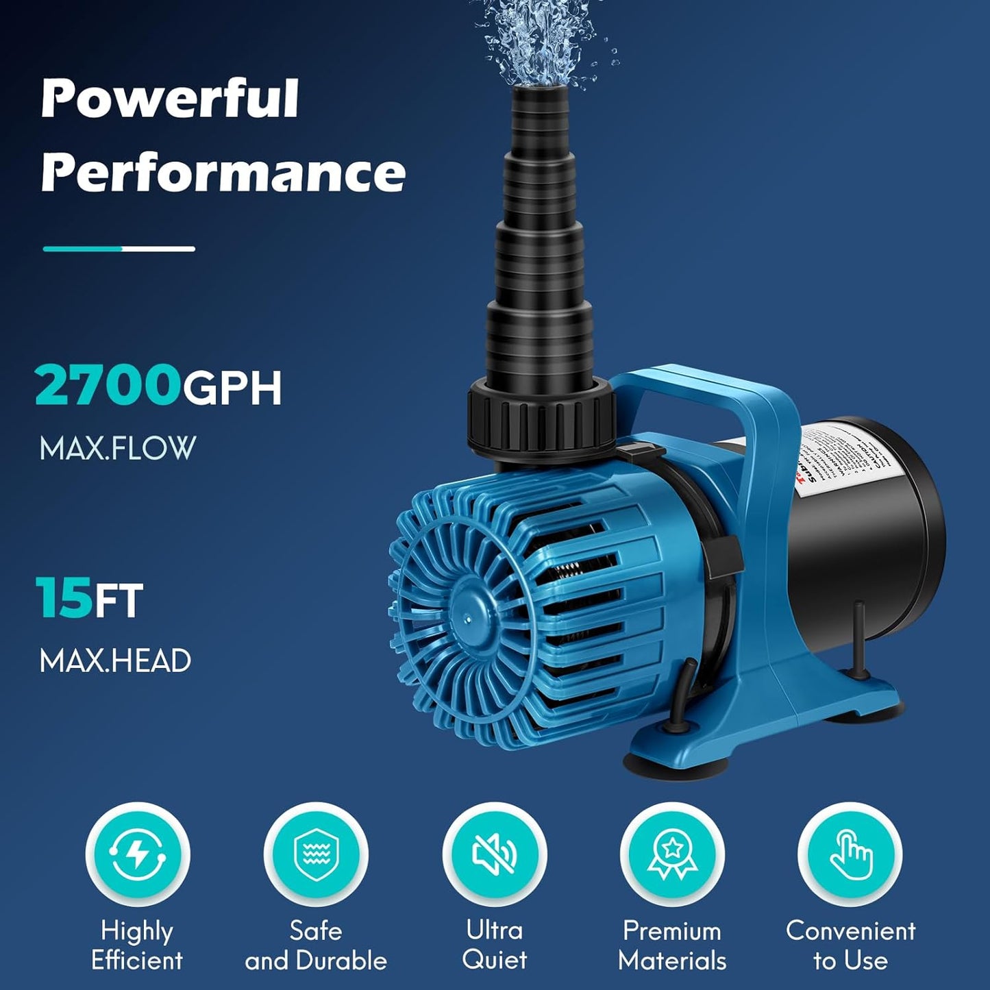 120W 2700 GPH Pond Pumps for Outdoor Ponds & Water Garden, 180° Adjustable Water Direction, Pond Fountain Pump with 20FT Power Cord & Barrier Bag, Ultra-Quiet Pond Waterfall Pump, UL Listed